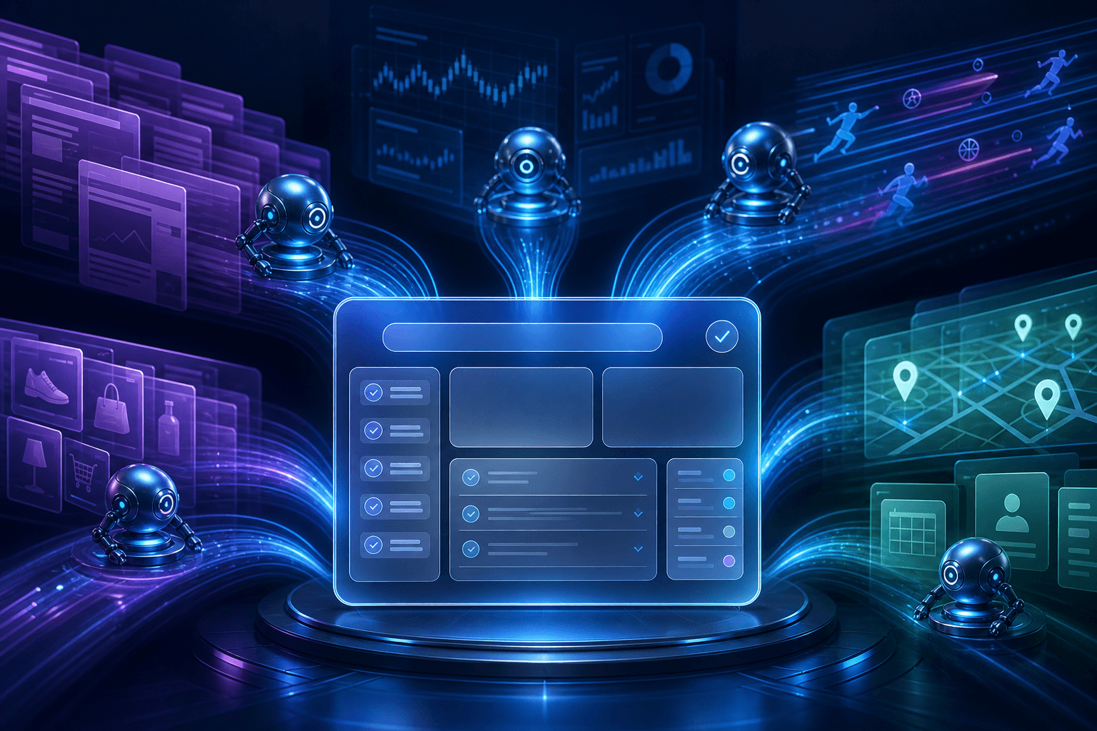 Premium illustration of persistent information agents scanning the web, watching live signals, and surfacing action-ready updates into one controlled search workflow