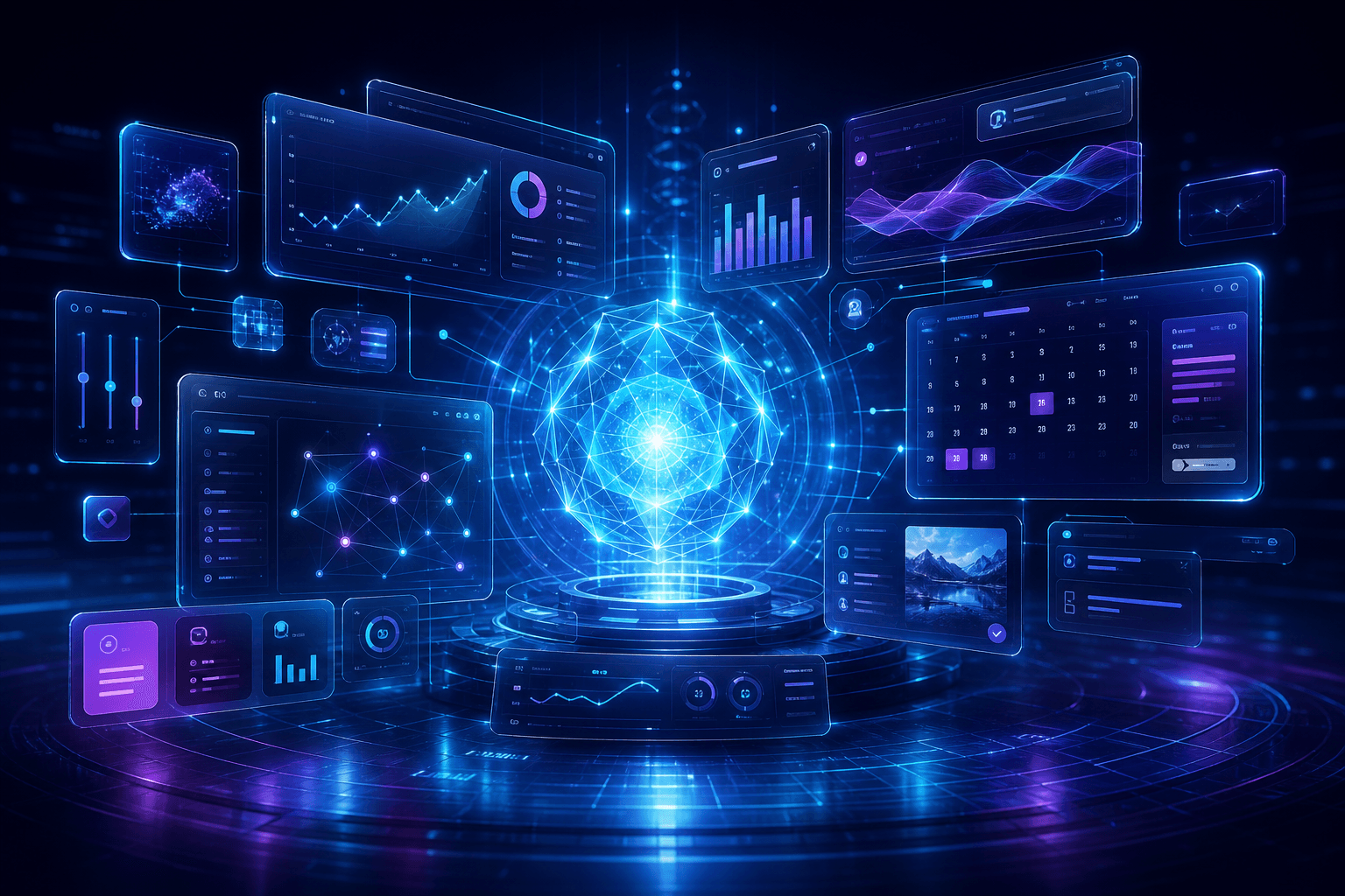 Strategic illustration of Search generating custom mini-app interfaces, trackers, and action panels on demand around a live Gemini workflow core