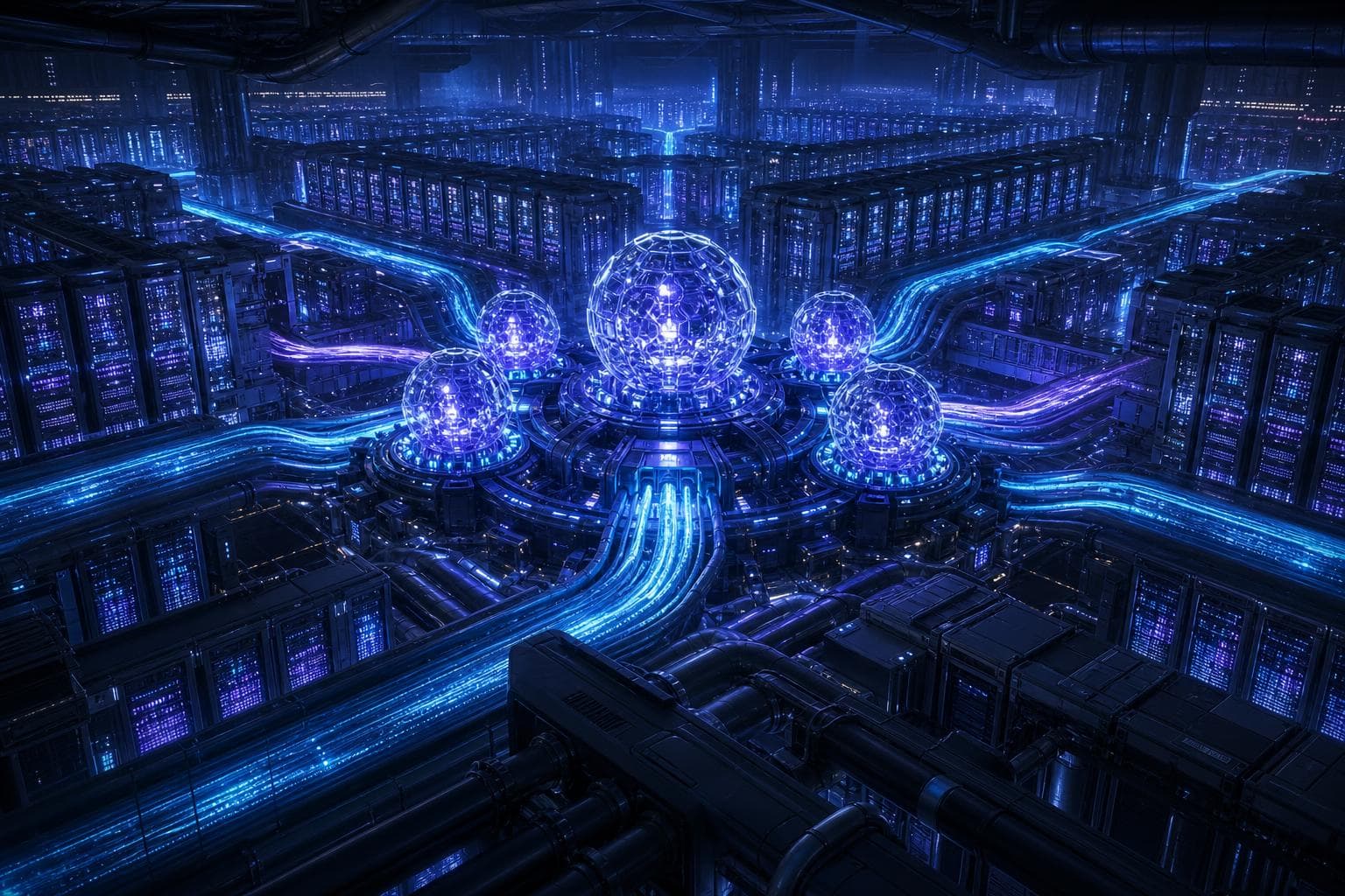Editorial illustration of compute contracts, GPU clusters, and capital flows becoming the real control point in frontier AI