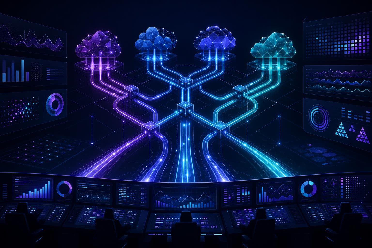Concept scene of enterprise buyers routing AI workloads across providers while watching margins, resilience, and compute exposure