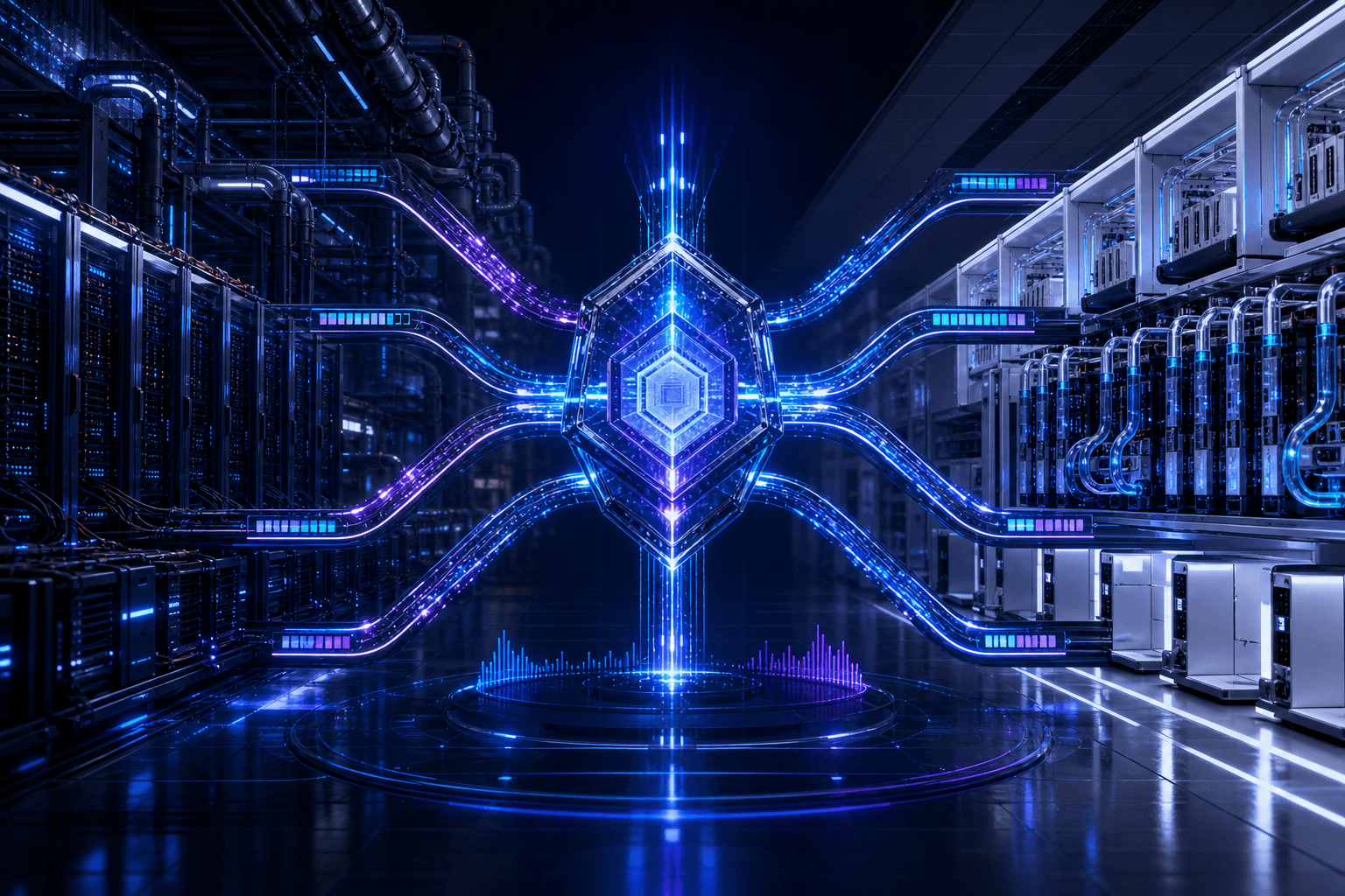 Premium illustration of an enterprise AI operator balancing workloads across multiple chip suppliers and cloud lanes, with one lane tied to giant GPU clusters and another to custom silicon pathways