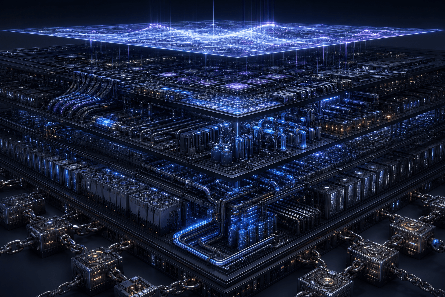 Editorial visualization of the new AI moat, where model layers sit above a hardened foundation of power, chips, data centers, and supplier contracts