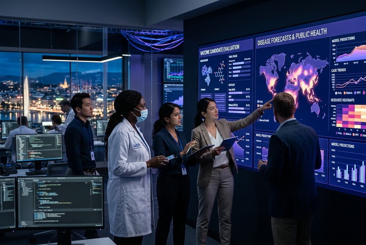 Researchers and public health analysts using AI-assisted tools to evaluate vaccine candidates and disease forecasts