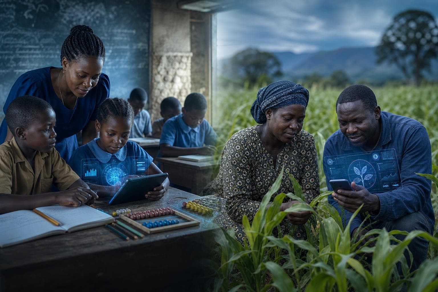 Students and smallholder farmers using grounded AI tools for literacy, numeracy, and crop guidance in underserved communities