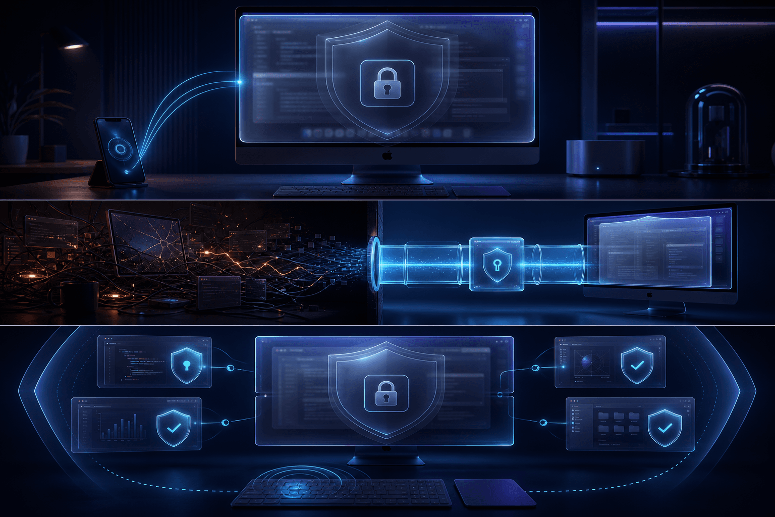 Illustration of a secure automation window replacing caffeinate hacks and dummy display tricks with a narrow locked-screen authorization flow