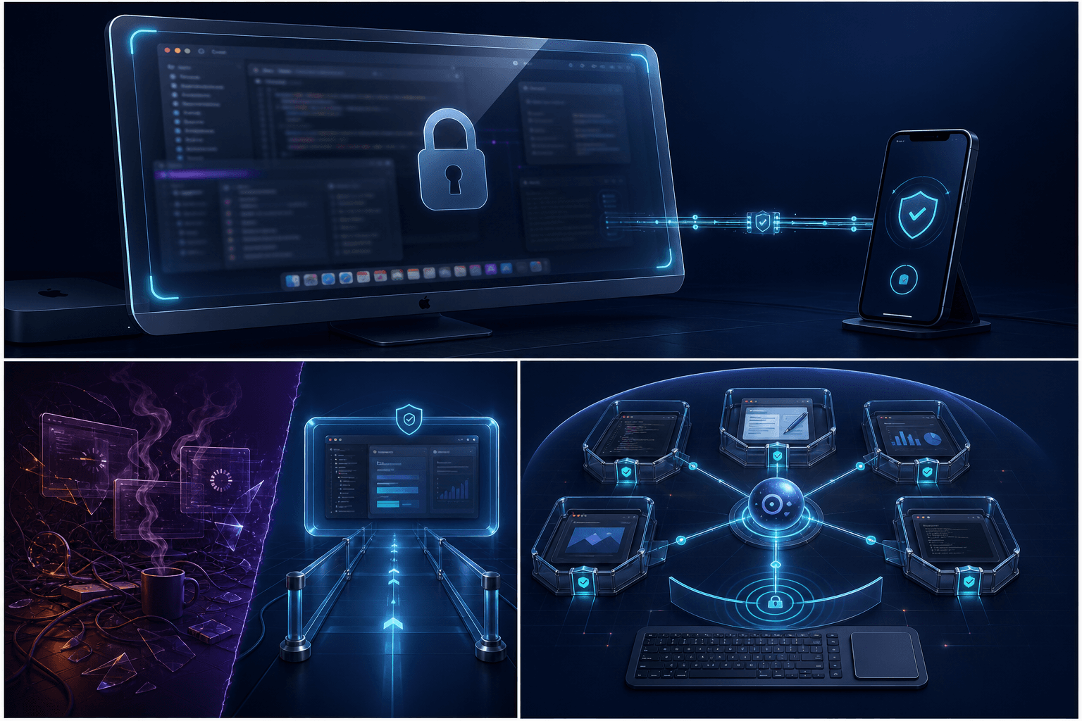 Editorial scene showing per-app approvals, covered displays, and trusted-turn safeguards around Codex using Mac apps after lock