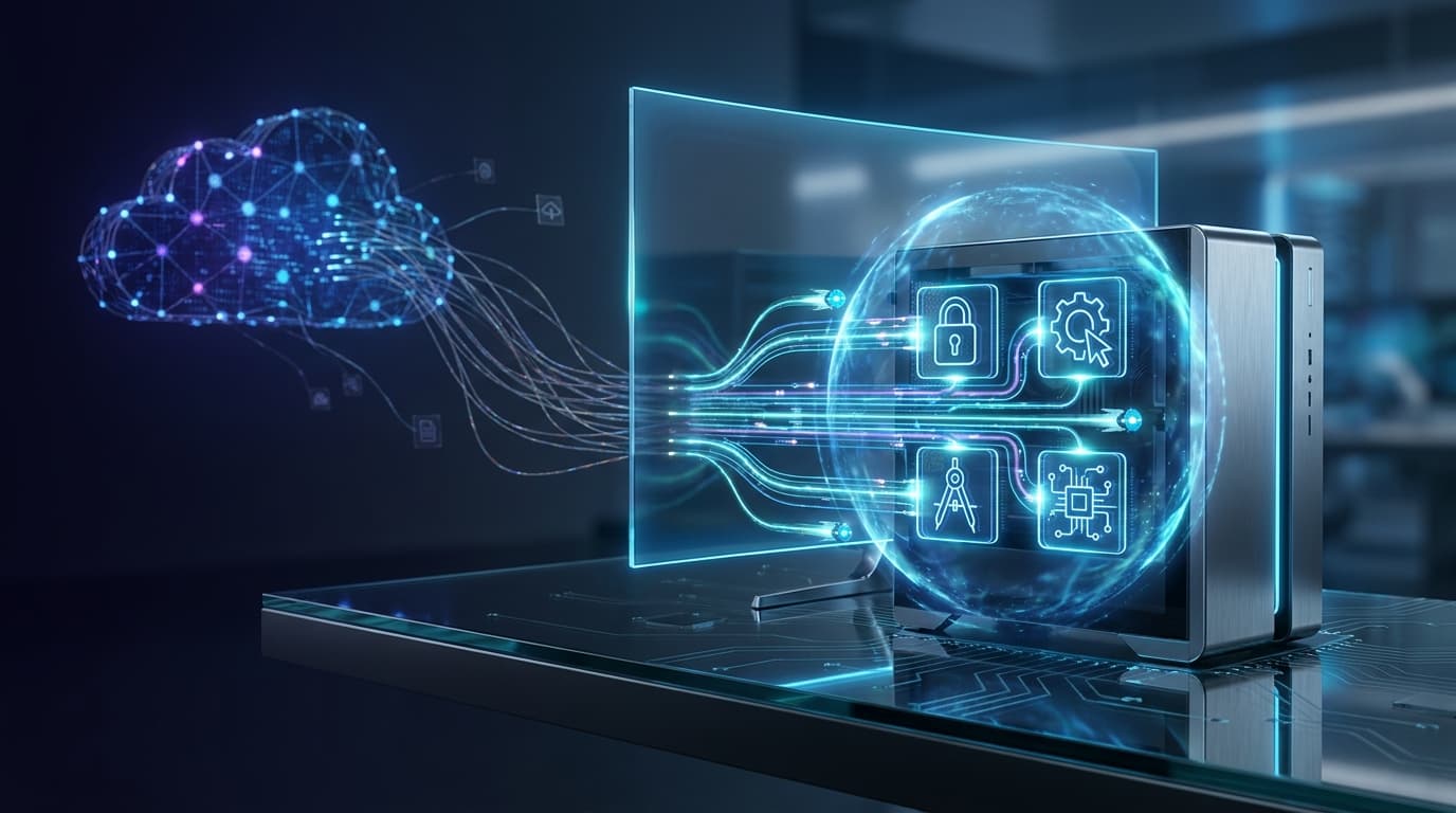 Editorial scene of a premium Windows workstation supervising multiple local AI agents through secure on-device memory, app connections, and low-latency workflow lanes