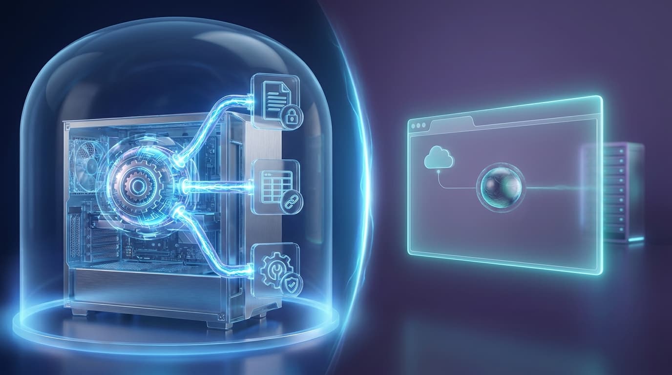 Concept illustration of a Windows-native agent control plane scaling from slim laptop endpoints to deskside AI supercomputers with secure policy boundaries and shared enterprise workflows