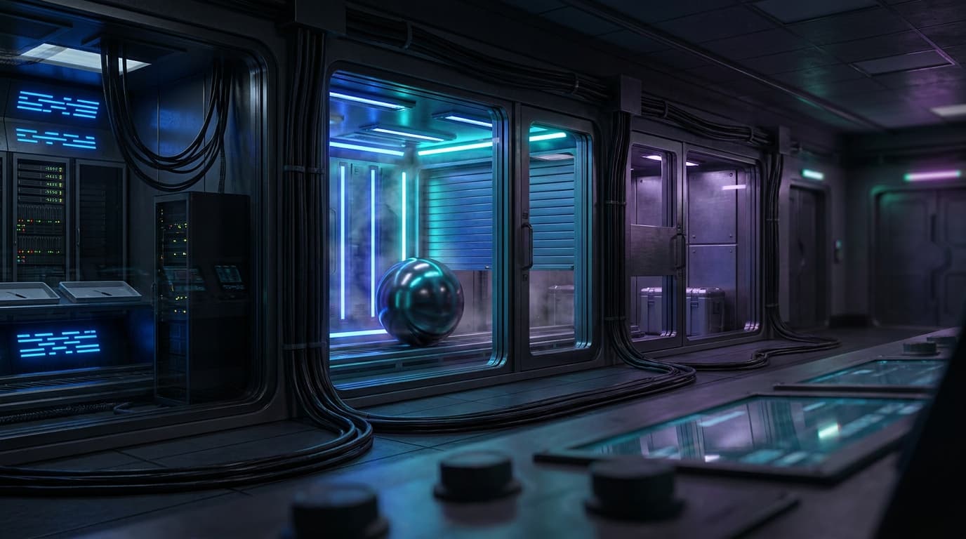 A classified-style evaluation lane where a frontier AI system passes through secure benchmark gates, sealed review chambers, and policy checkpoints before reaching approved partners, with dark glass and cyan lighting and no text