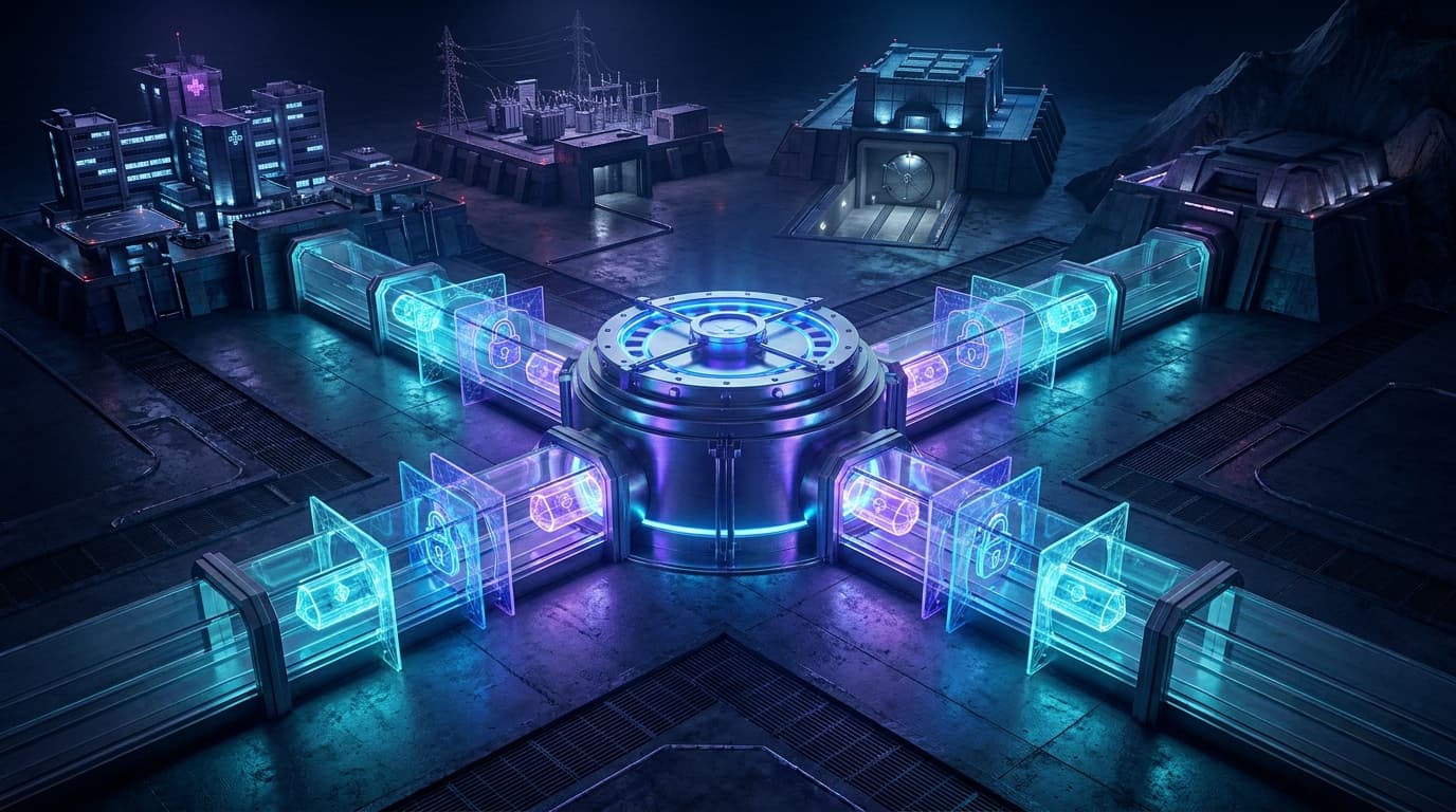 A secure distribution network sending early-access frontier AI capabilities through guarded lanes to hospitals, banks, utilities, and defense systems under layered policy shields, without logos or readable text