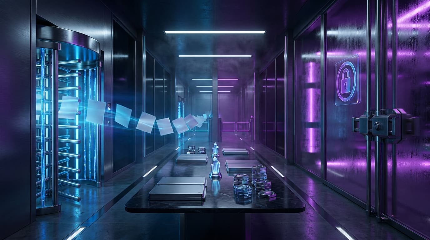 A negotiation corridor showing classic search traffic on one side and AI summarization consent on the other, separated by governance gates