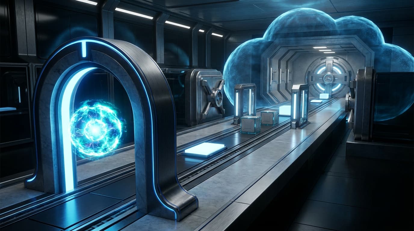 An autonomous coding lane flowing through cloud identity gates, review checkpoints, and release pipelines inside a secure AWS-style environment rendered in neon cyan and amber without text
