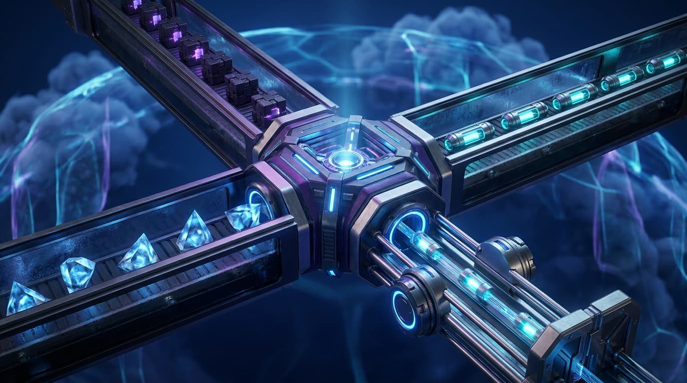 A cyber defense topology showing code review, vulnerability triage, dependency risk, and remediation channels converging into a governed cloud platform, drawn as cinematic circuitry with no words