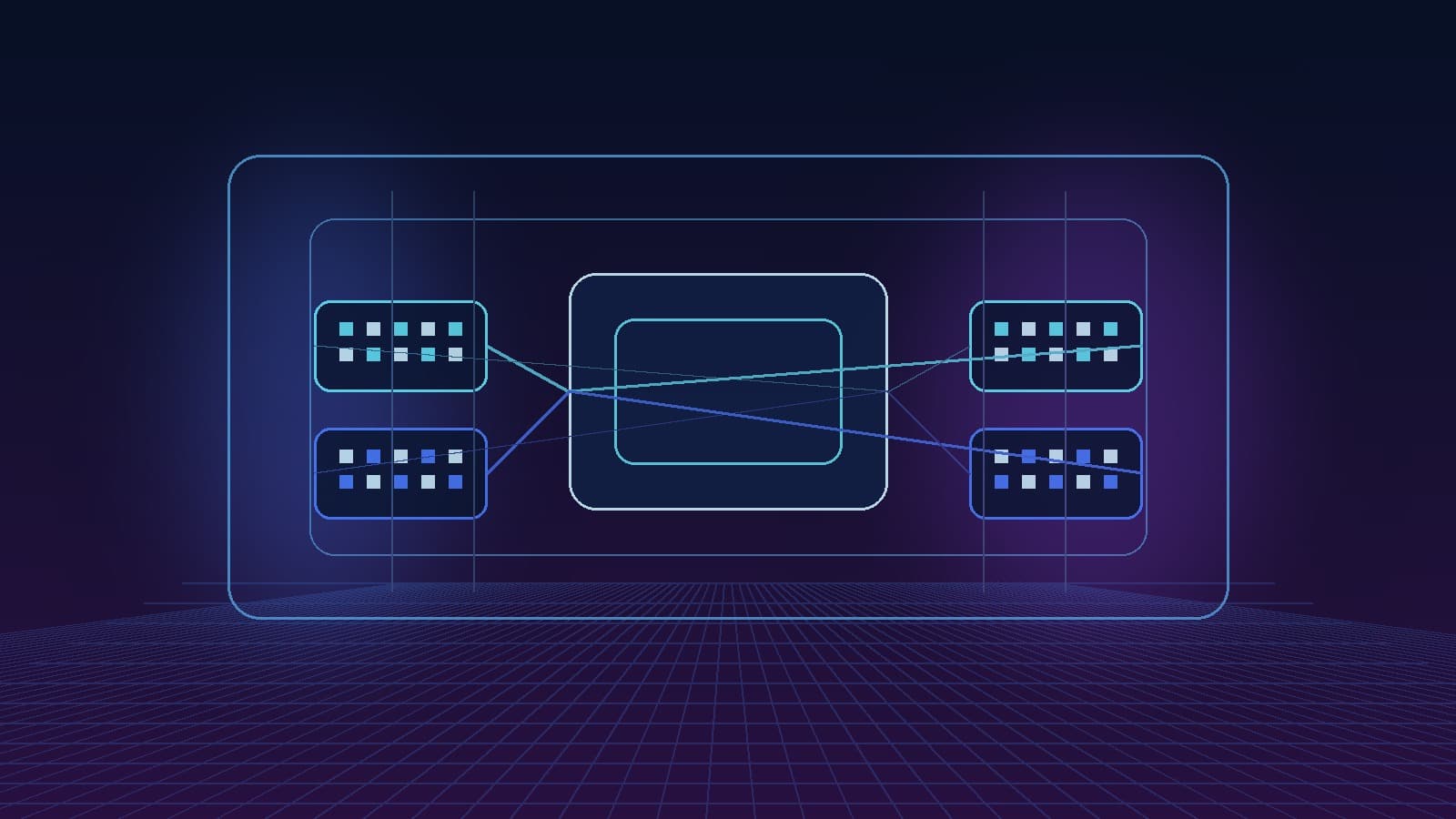 A frontier AI core with removable cyber knowledge modules, controlled deployment lanes, and access gates radiating across a dark blue infrastructure grid