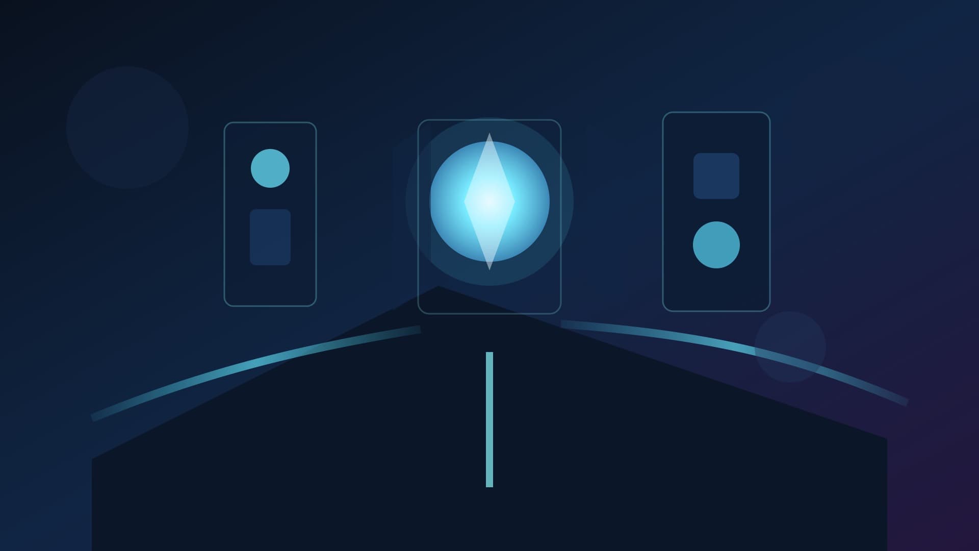 A secure frontier-model release gate opening into a layered operations campus, with a glowing AI core routed through controlled approval lanes and dark blue infrastructure lighting