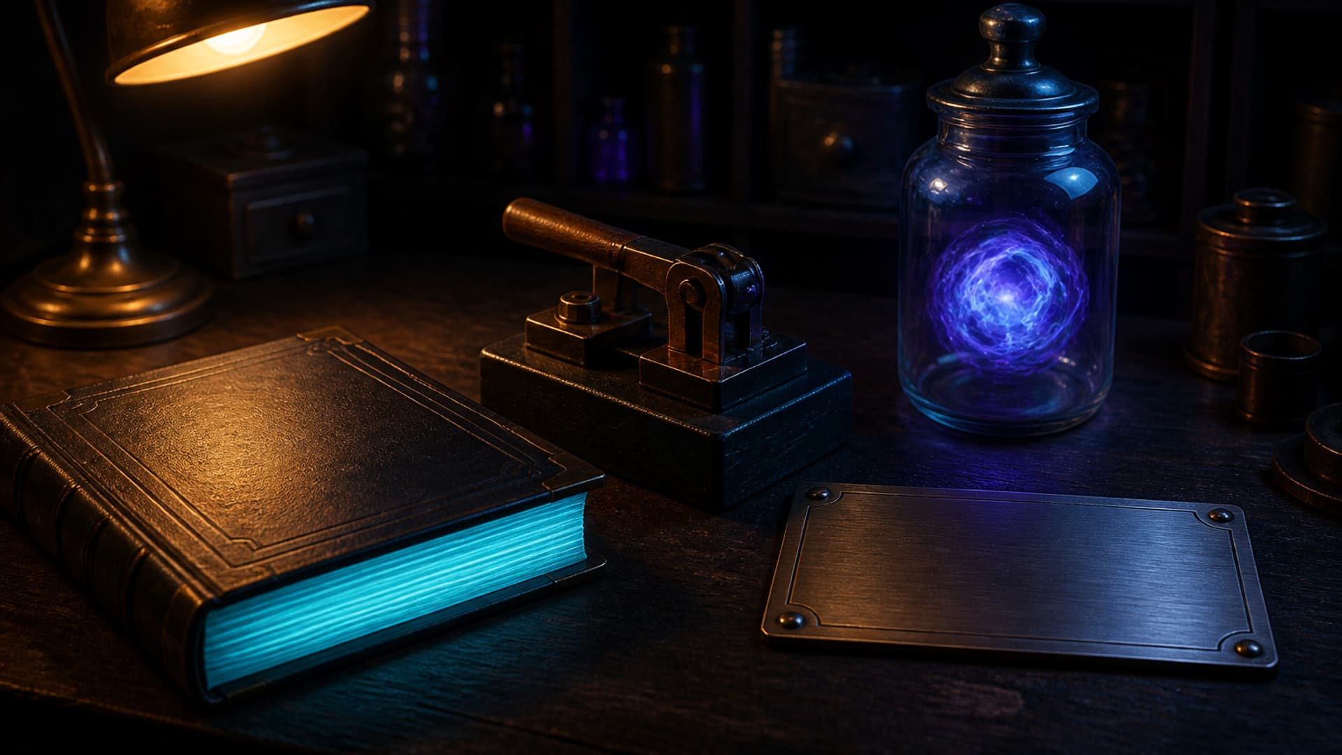 A small-team control bench with a bound glowing ledger, a physical kill switch, a sealed jar of light, and a blank owner plate, with no people or readable text
