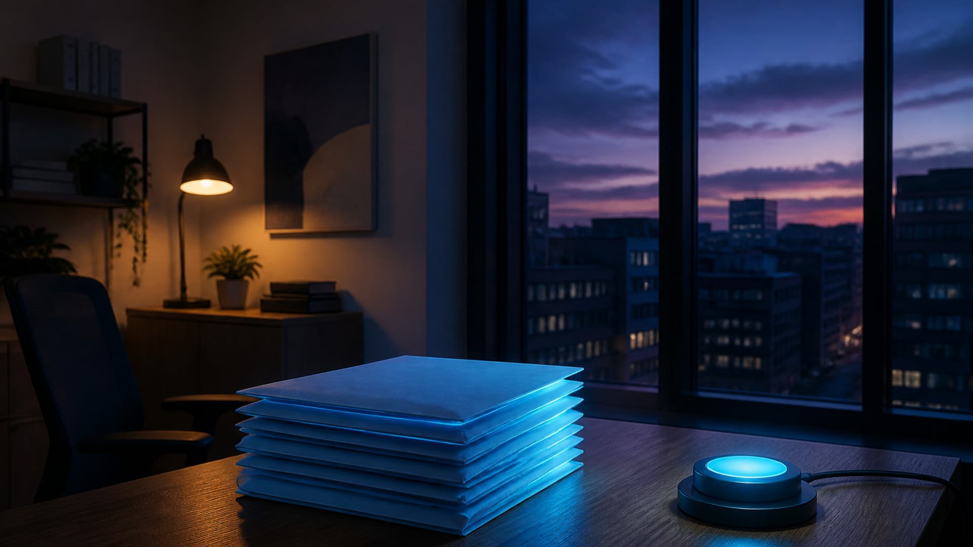 An empty dusk office where a stack of luminous legal folders has landed on a wooden table beside an unused approve paddle, with no people or readable text