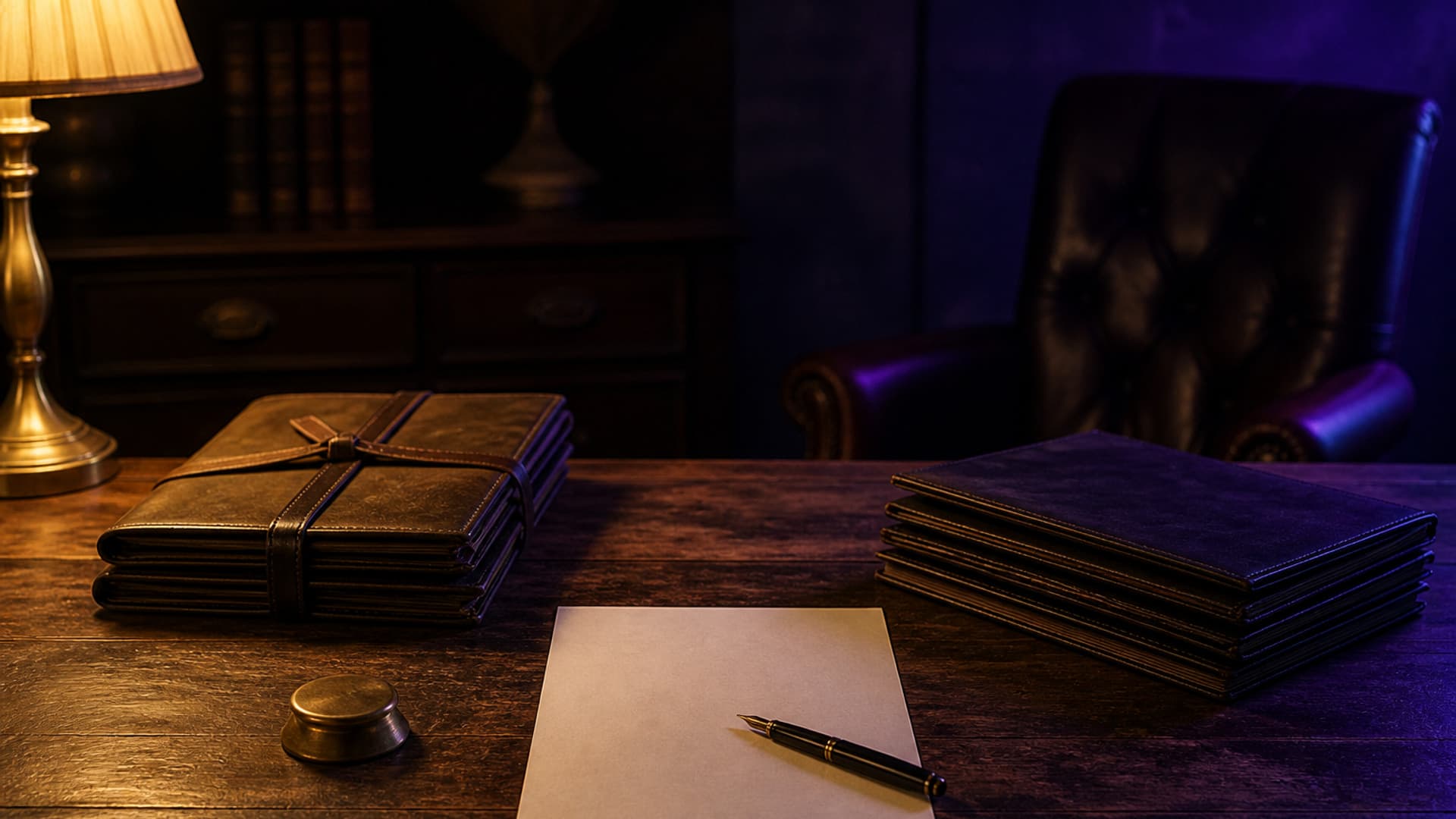 A worn oak desk with a blank sheet, a fountain pen, and two stacks of unmarked leather contract folders, one stack tied aside with a strap, with no people or readable text