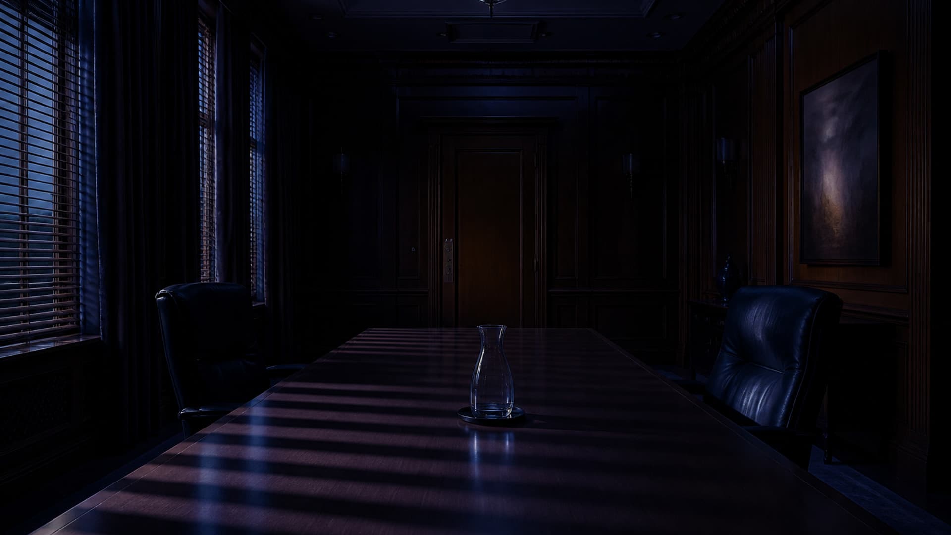 An empty conference table after hours, two unused chairs pulled back and a closed oak door with a brass deadbolt at the far end, with slatted light and no people or readable text