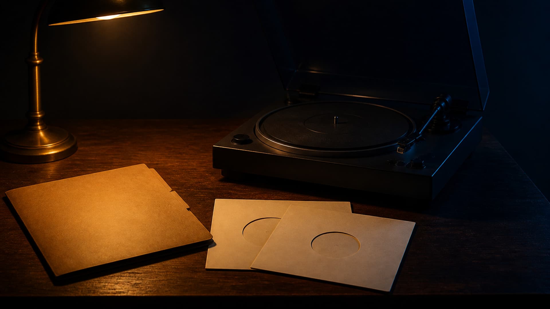 A closed manila folder and two blank vinyl sleeves sit beside a plain black turntable on a dark desk under a single lamp, with no people or readable text