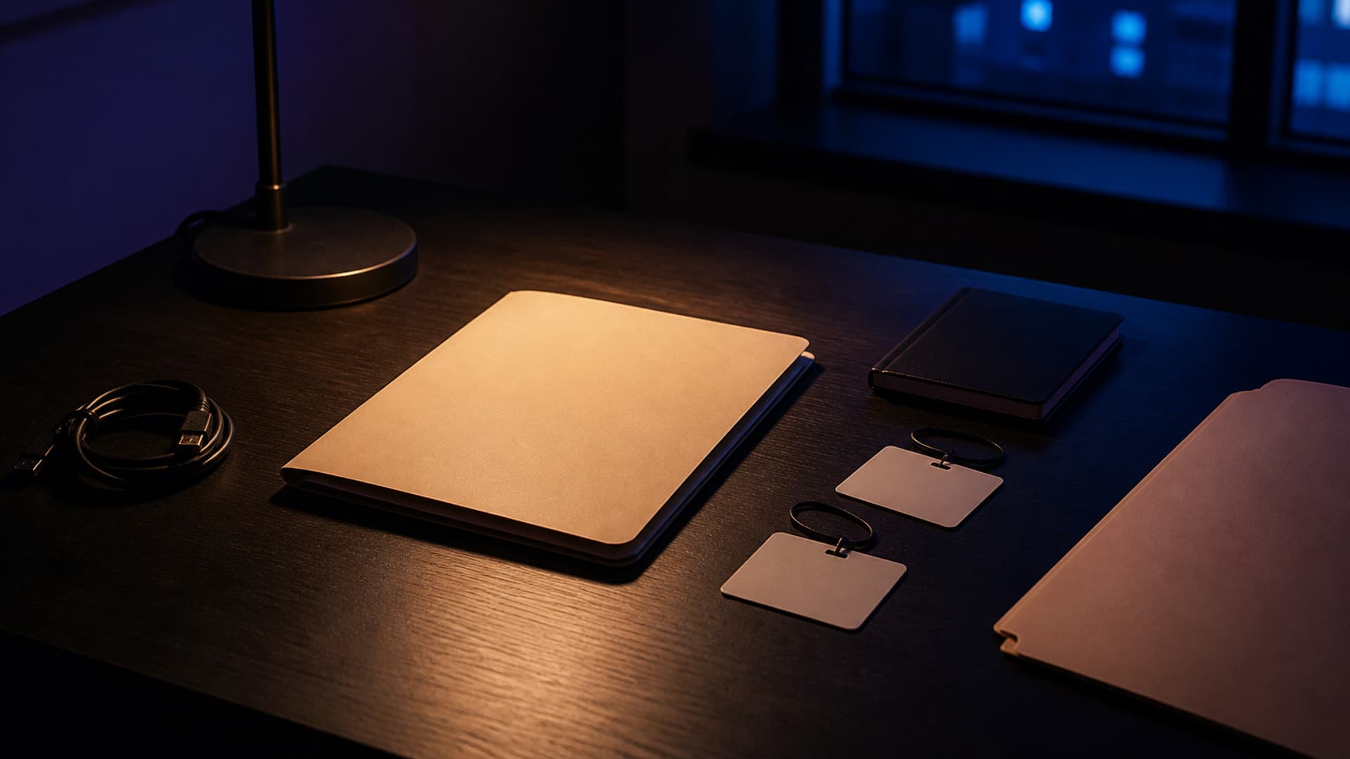 A closed unmarked manila folder on a small dark desk beside two blank vendor cards, one slightly forward, with no people or readable text