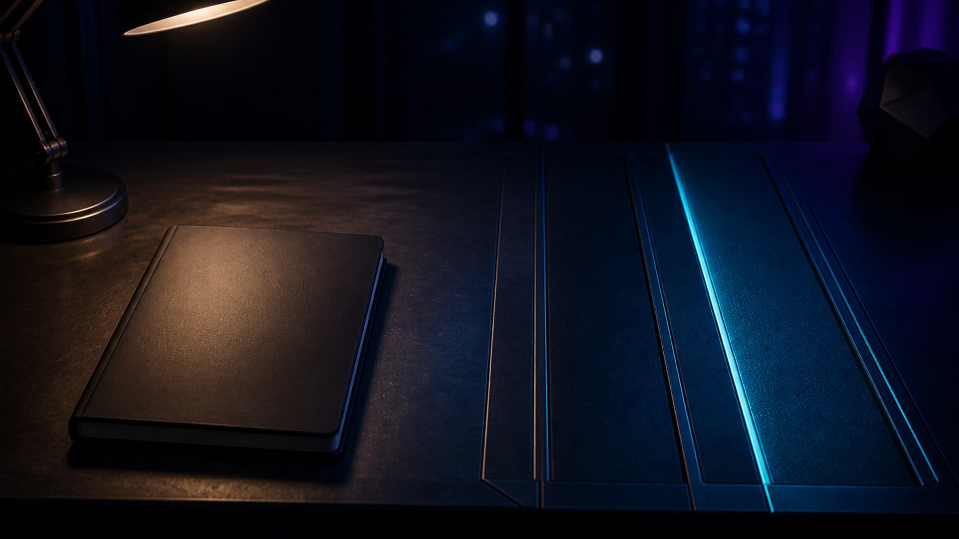 A closed unmarked notebook on a dark desk beside two empty parallel lanes, one faintly lit, with no people or readable text