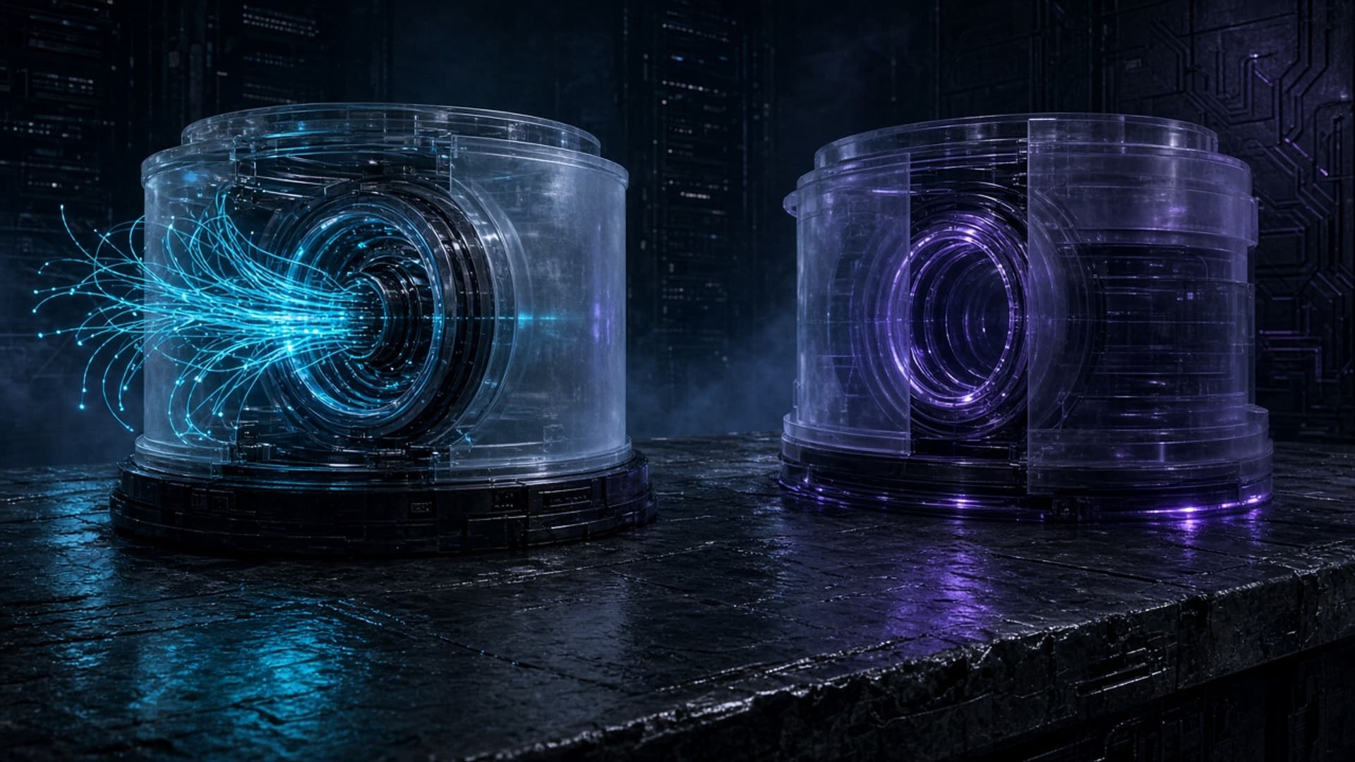 Two unmarked glass instrument chambers on a dark lab bench, cyan filaments bursting from the left aperture and sealed purple rings in the right, with no people or readable text