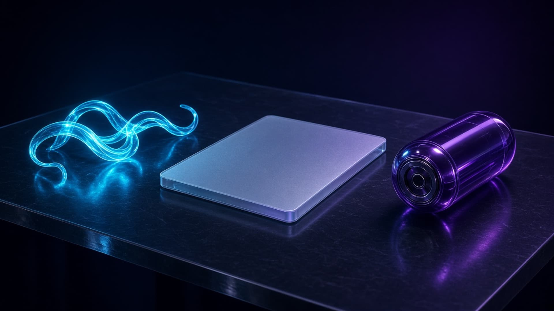 A closed unmarked glass notebook on a dark desk beside one open cyan filament and one sealed purple aperture, with no people or readable text