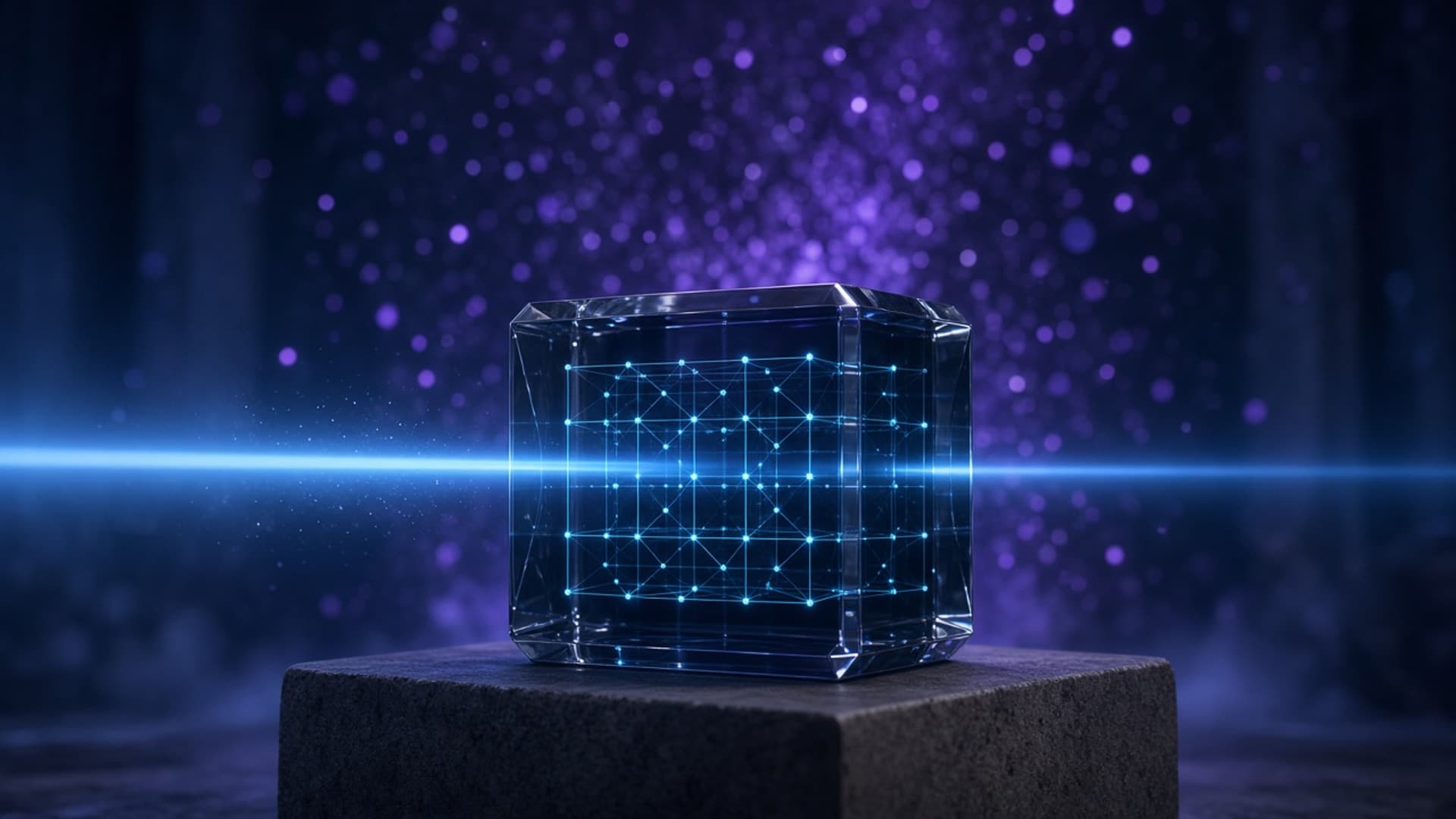 A single crystalline block of dark glass resting on a low stone pedestal in a vast indigo hall, lit from within by a steady cyan lattice of fine lines, one narrow beam of pale light passing straight through it, while far behind it an out-of-focus towering cloud of violet particles fills the dark air, premium cinematic 3D editorial art, no text, letters, numbers, logos, watermarks, or faces