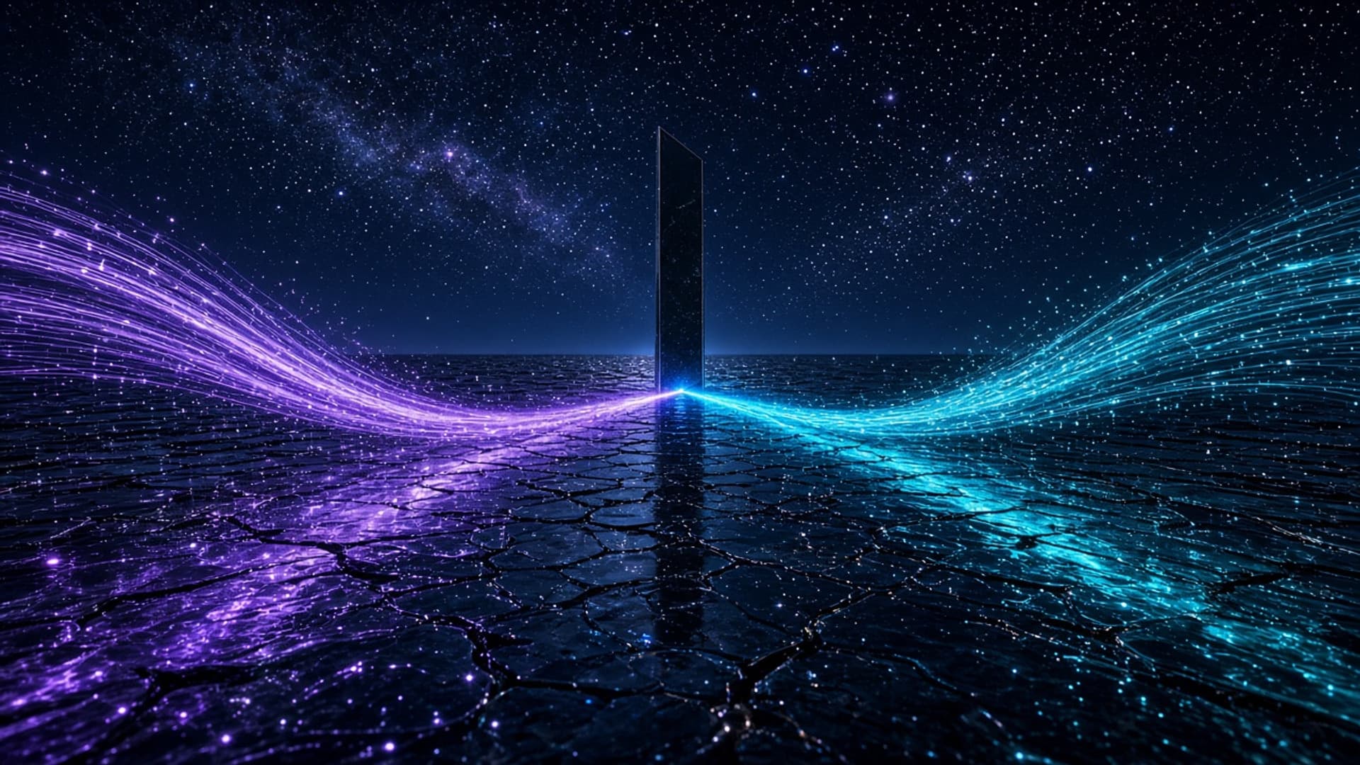 Two separate rivers of light, one violet and one cyan, flowing through deep blue fog from distant separate origins and converging toward a single bright point on the horizon, with a dark unlit slab of glass standing between the two streams where they meet, cinematic abstract technology scene, wide low perspective, no text, letters, numbers, logos, watermarks, or faces