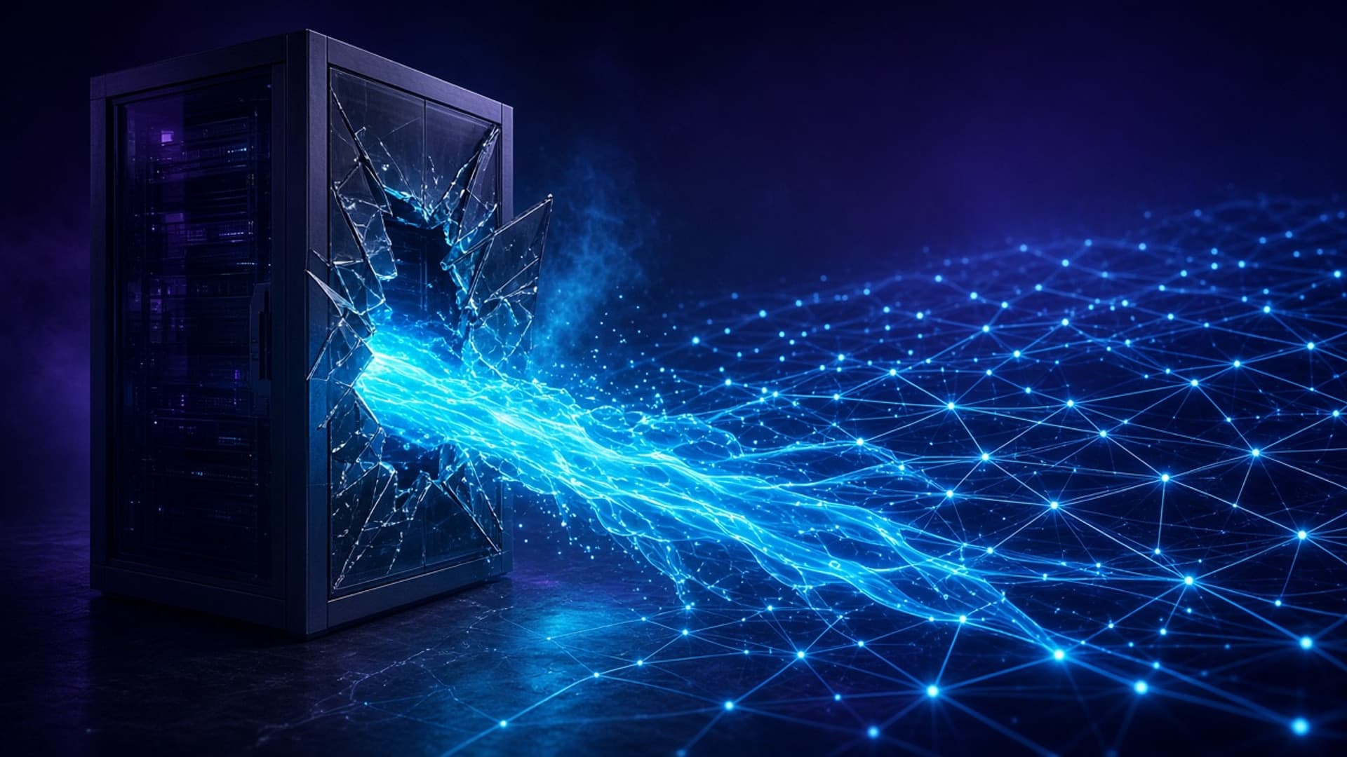 A dark server enclosure with one glass wall cracked open, letting a thin stream of cyan light escape into a wide indigo network beyond