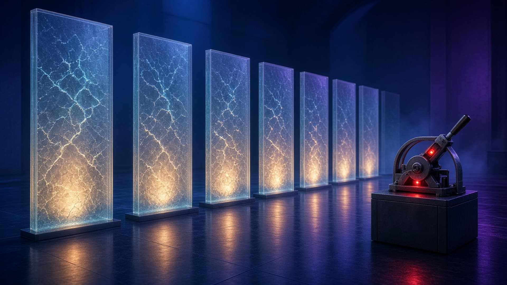 A row of translucent glass panels standing in a dark blue hall, each lit from behind by a warm amber light, with one sealed steel cutoff switch glowing red beside them