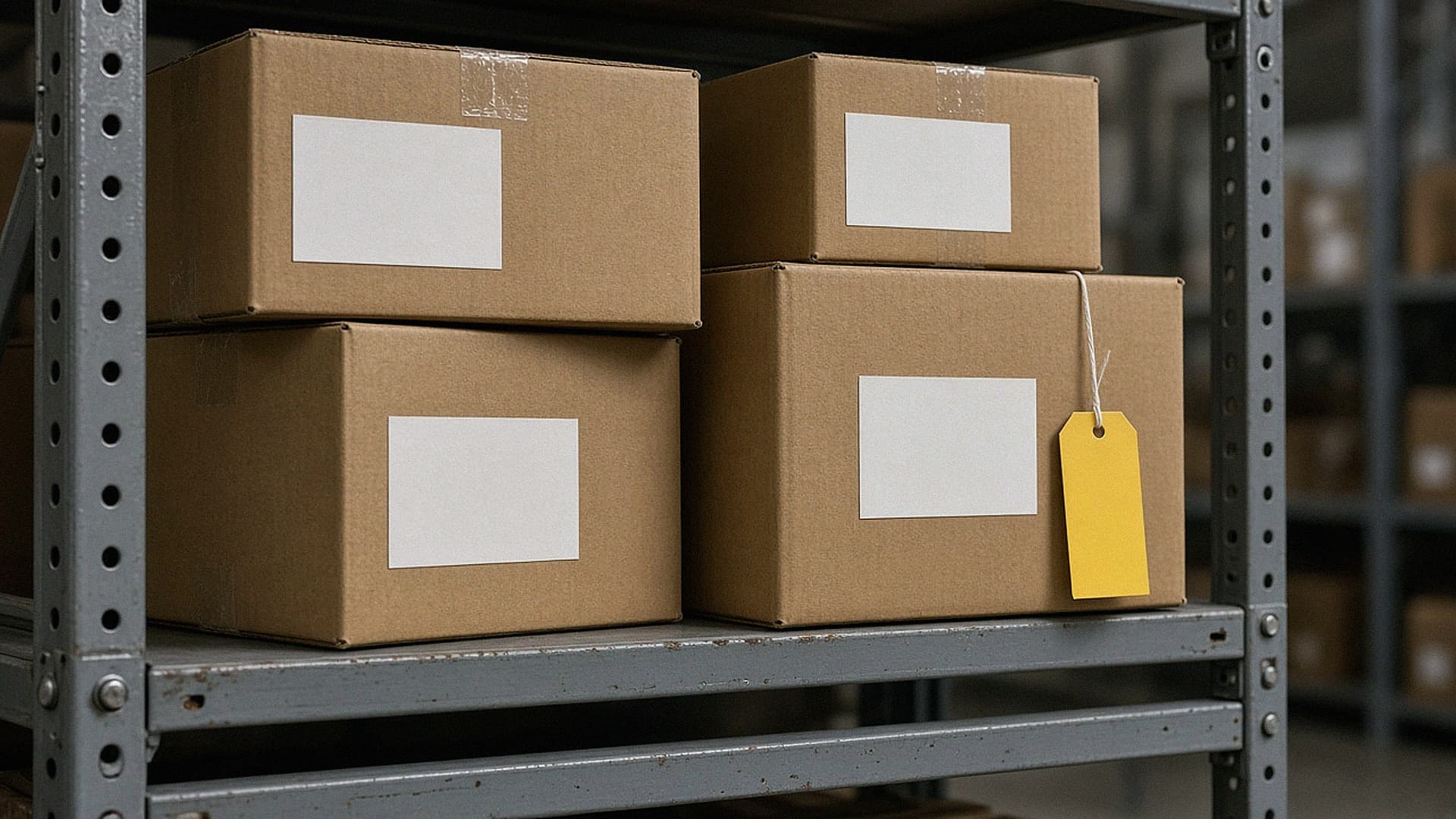 Sealed cardboard packages with blank labels and a yellow caution tag on a metal warehouse shelf