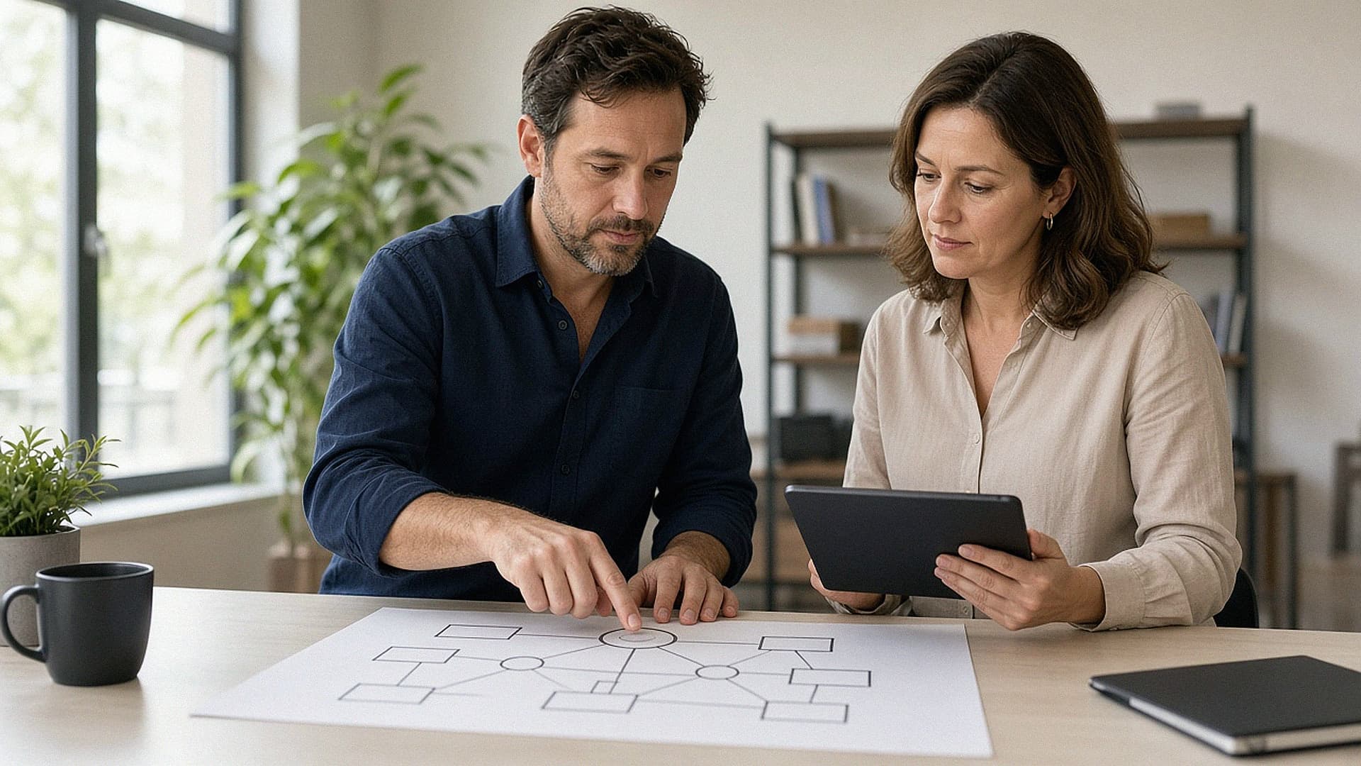 Two colleagues reviewing an abstract network diagram on paper while one holds a blank tablet
