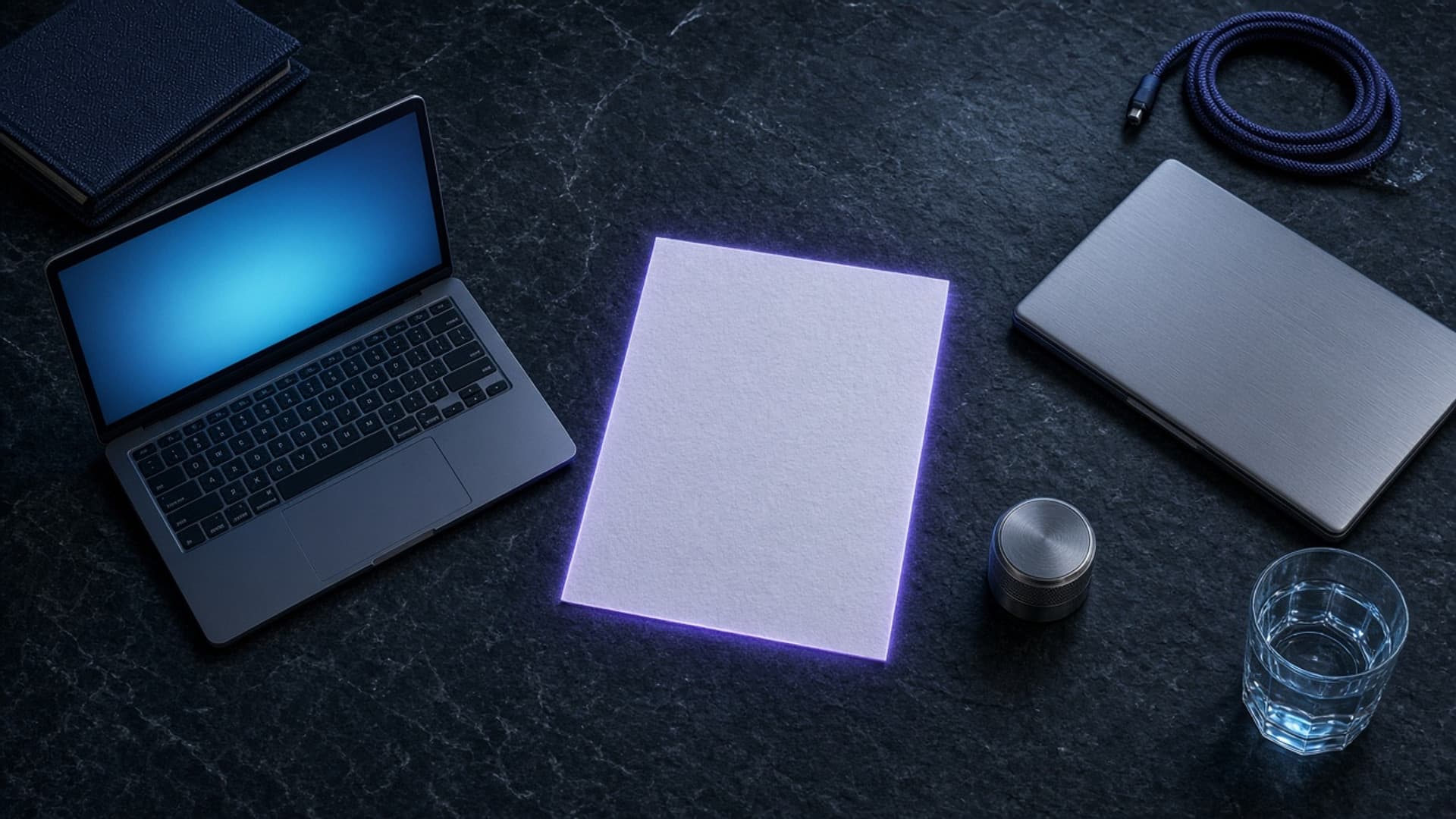 Overhead view of a dark stone table with an open laptop glowing blue, a closed brushed-metal laptop, a blank sheet edged in violet light, a small round metal stamp, and a glass of water