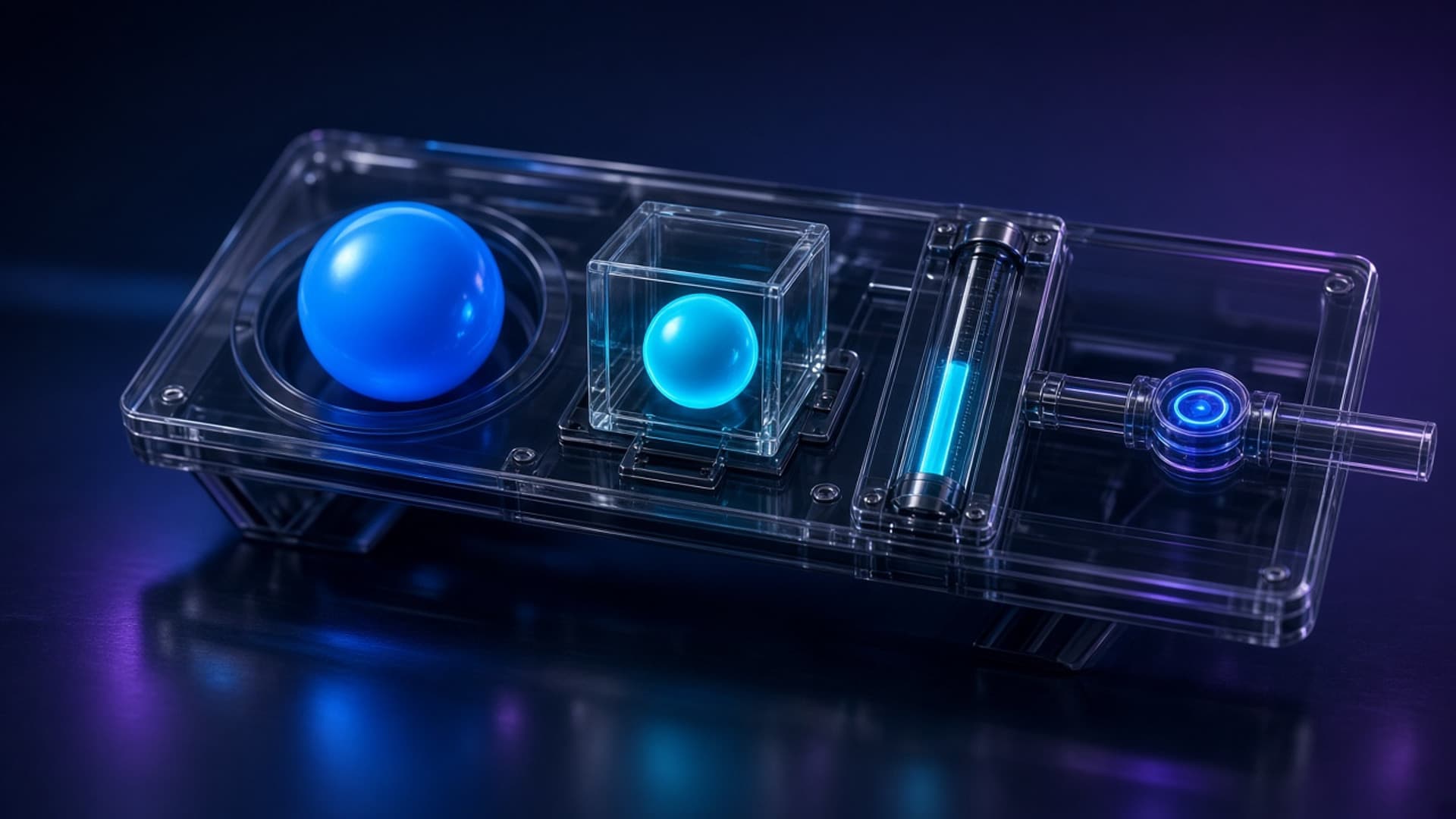 A translucent glass panel on a dark surface holding a large blue orb, a smaller cyan orb sealed inside a glass cube, a partly filled glowing gauge tube, and a thin conduit with a valve ring