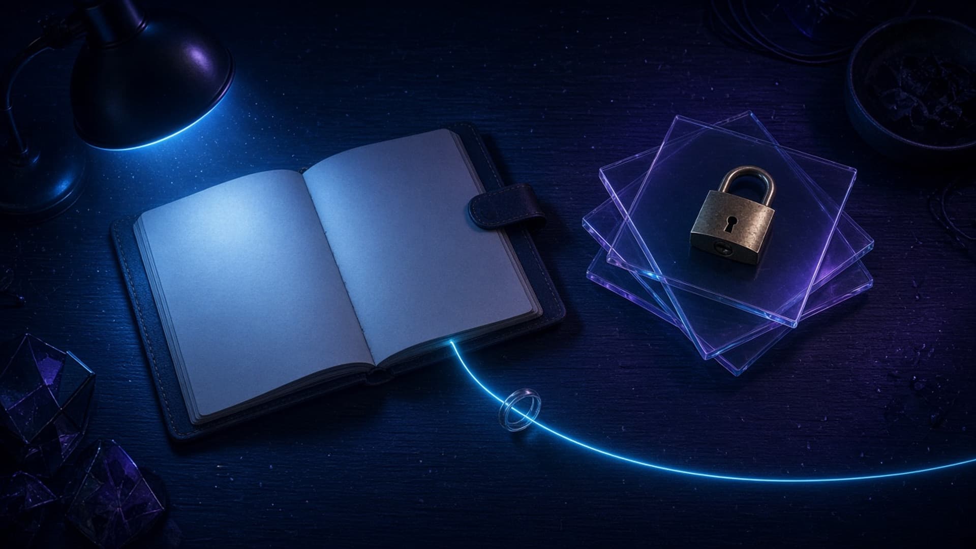 Overhead view of a dark desk at night with an open blank notebook under a blue lamp, a brass padlock resting on a stack of glass cards, and a single thin cyan light thread running through a small glass ring toward the edge of the frame
