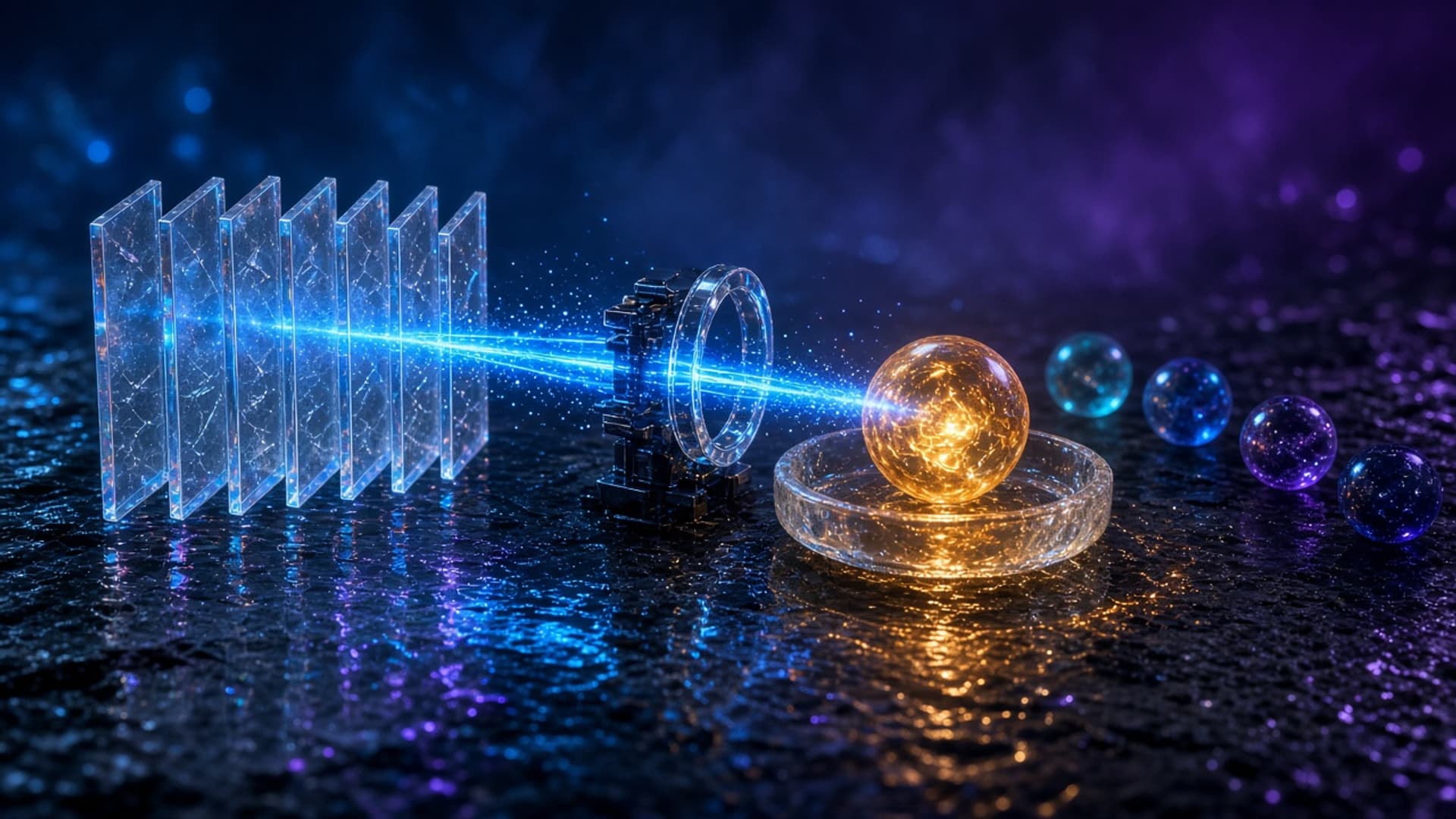 A row of seven upright translucent glass panes on wet dark stone, with a bright blue beam of light passing from them through a small glass ring into a glowing amber sphere resting in a shallow glass dish, while dimmer cyan and violet spheres sit unlit behind it