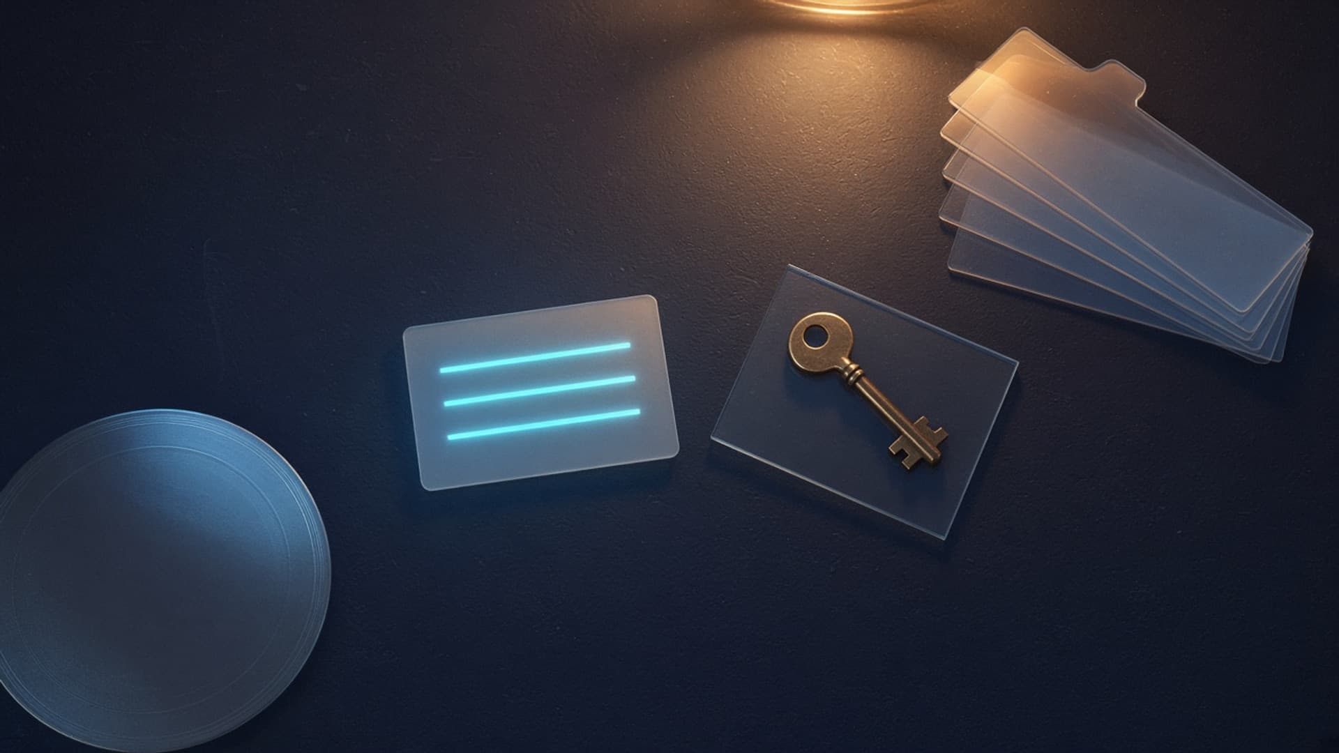 Overhead view of a dark desk with a small frosted glass card showing three glowing cyan lines, a brass key resting on a clear glass tray, a fanned stack of thin translucent tab-shaped tiles under a warm lamp glow, and a plain glass disc at the edge of the frame