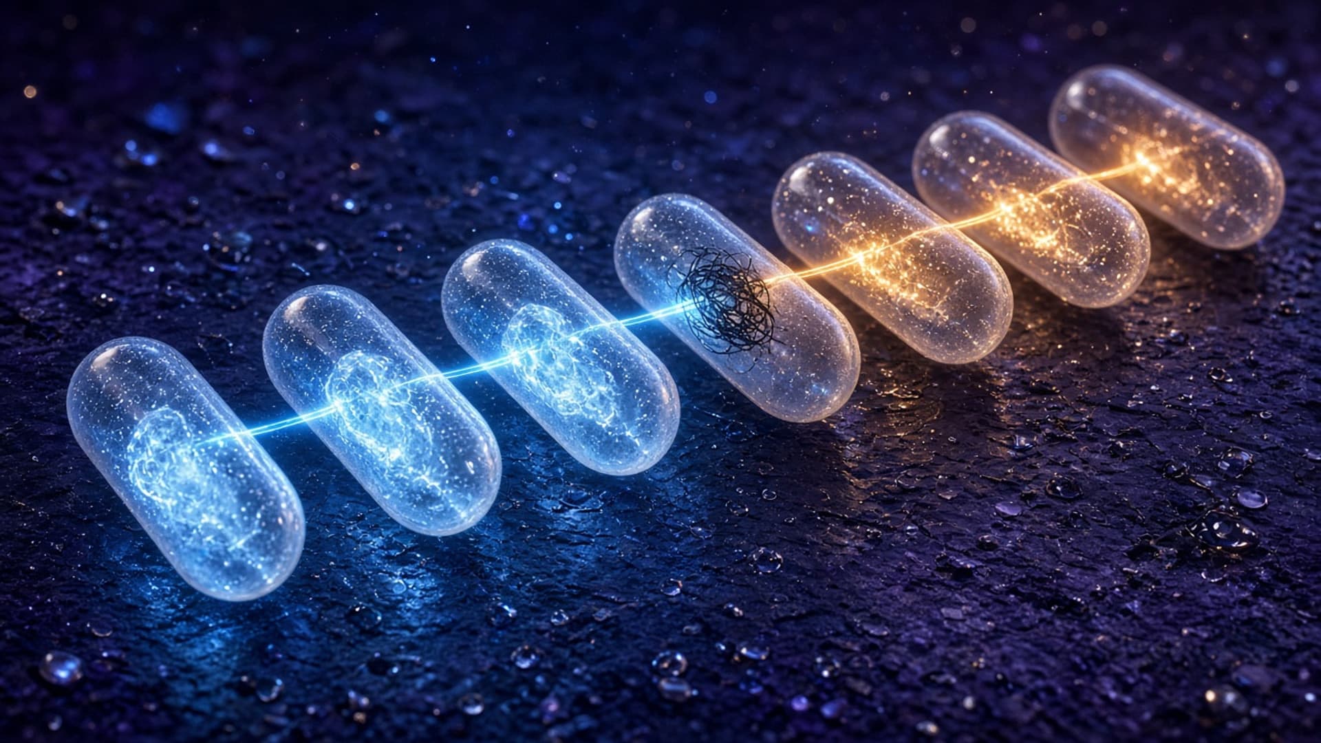 Seven translucent glass capsules lying in a row on wet, dark textured stone, linked by a thin beam of light that glows blue through the first three capsules, passes a small tangled black knot in the fourth, and turns amber through the last three