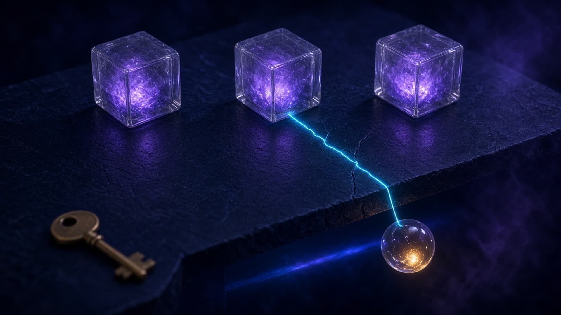 Three glowing violet glass cubes on a dark stone slab, with a thin cyan thread of light running from the middle cube along a crack to a small glass sphere glowing amber just past the edge of the slab, and a brass key resting in the foreground