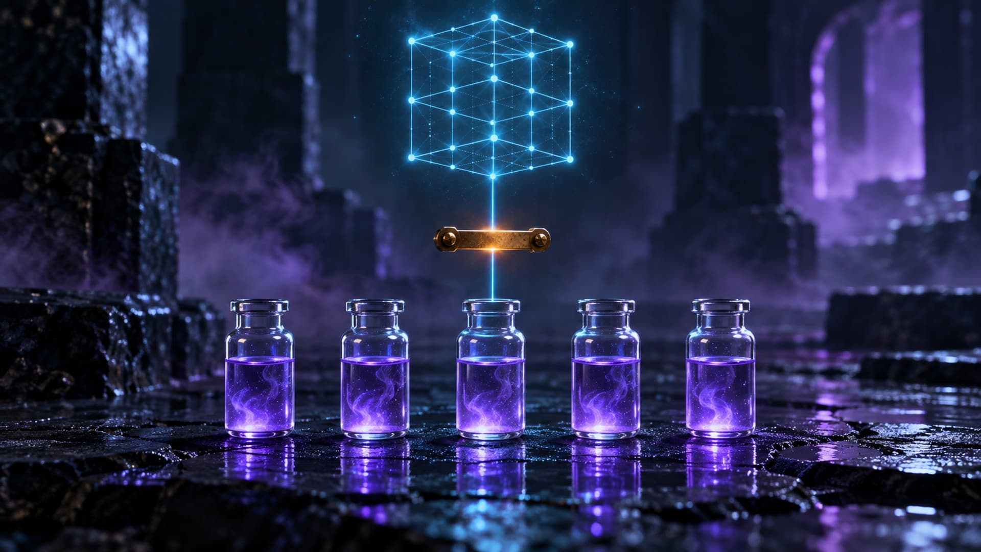 Five small glass vials of violet liquid standing on dark wet stone beneath a floating cyan wireframe cube, with a thin beam of light descending from the cube toward the vials and stopped partway by a small brass latch glowing amber