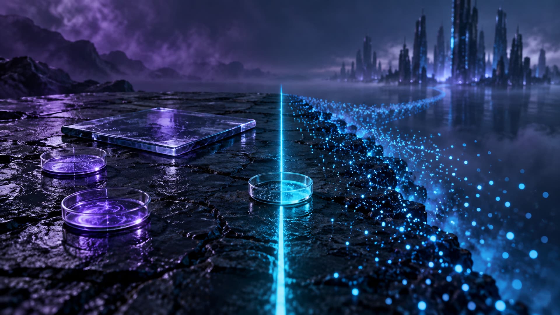 A dark wet stone plain split by a single bright cyan line, with three glass petri dishes glowing faint violet resting on the left side, one dish sitting directly on the line, and the right side dissolving into a drift of blue light particles toward distant dark glass towers