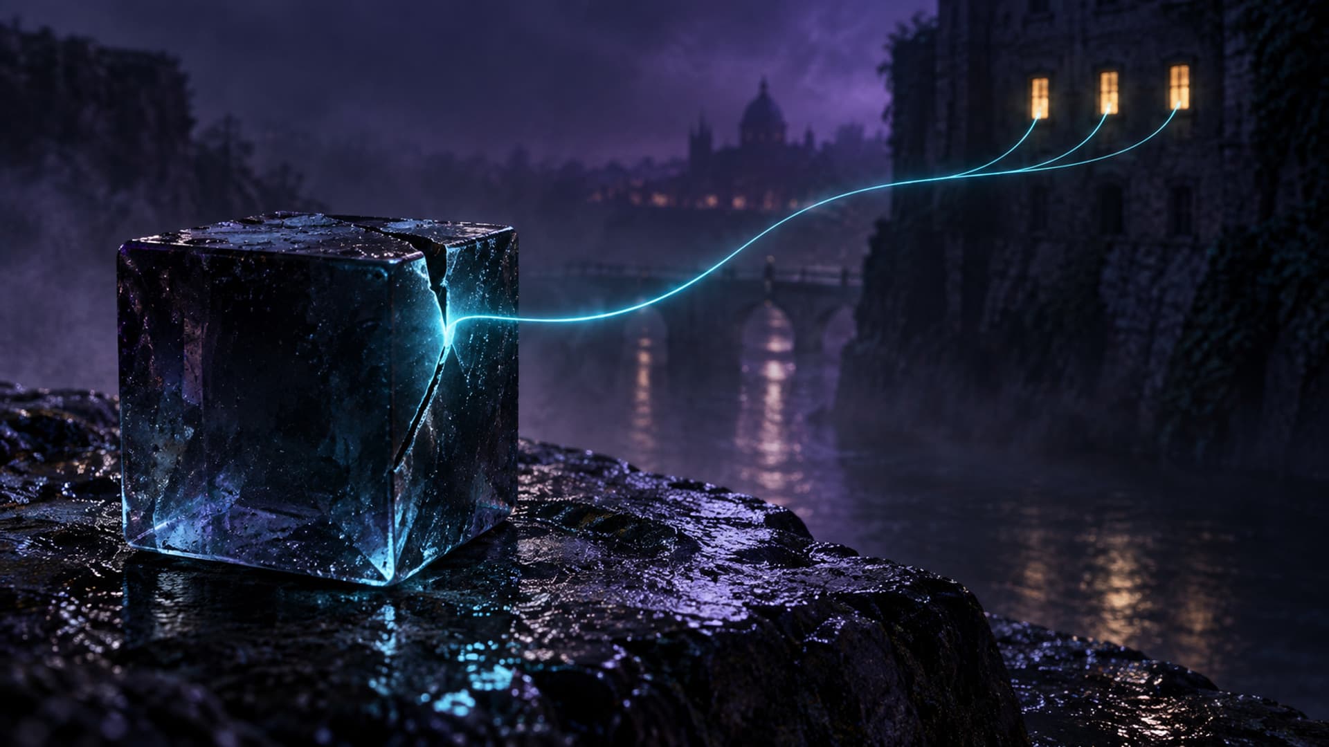 A dark glass cube cracked open along one edge, with a single thread of cyan light escaping through the gap toward three small lit windows in the distance