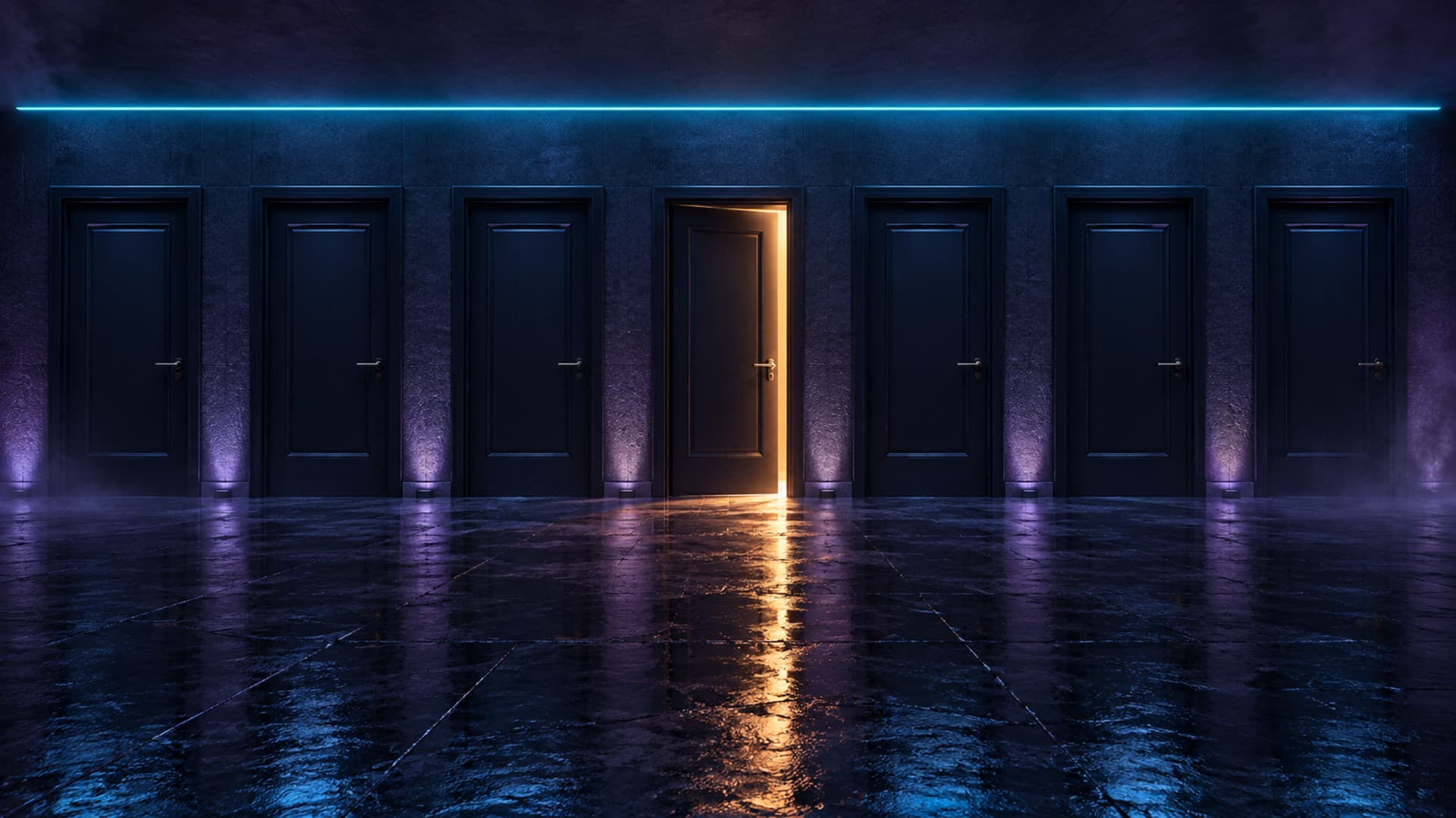 A row of seven identical dark doors on a wet stone floor, six closed and one standing slightly open with warm amber light spilling out, under a thin cyan line that runs the length of the ceiling