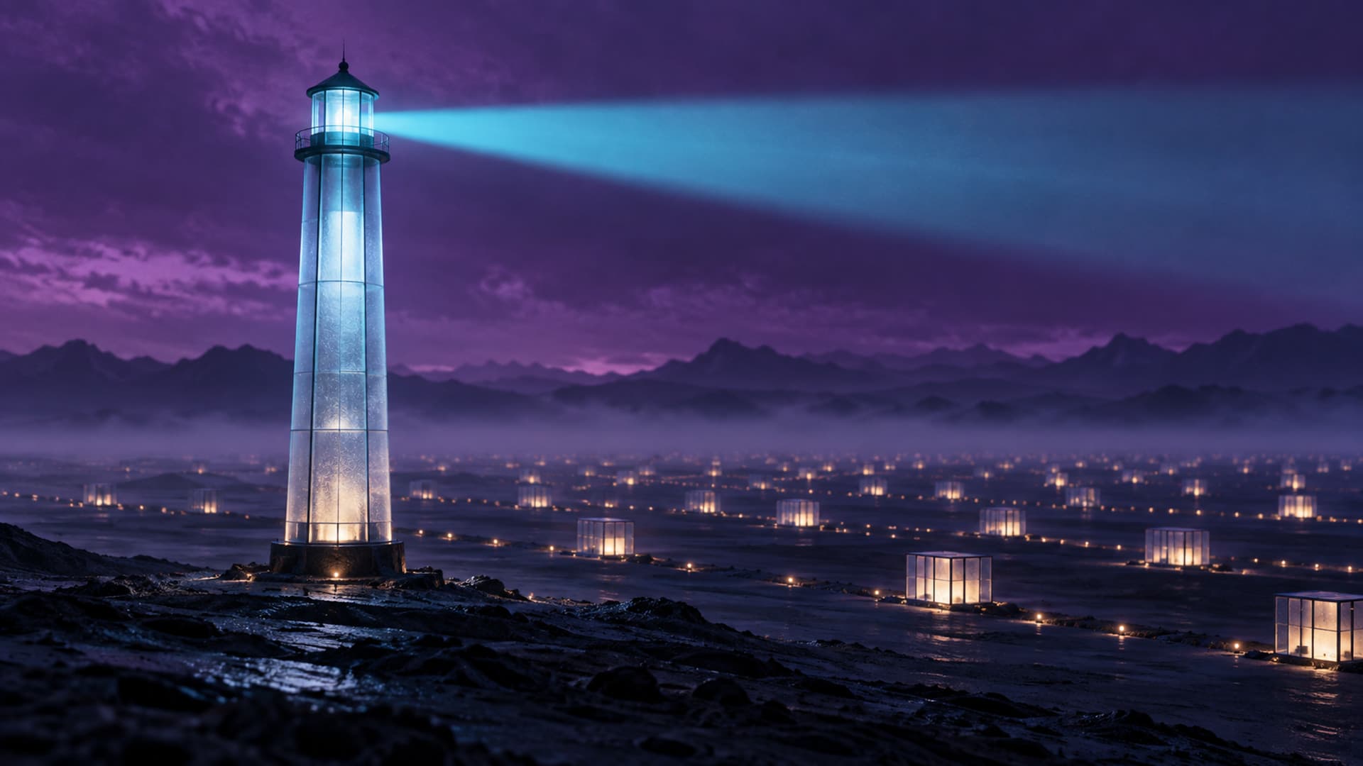 A wide dark plain under a violet sky with a single tall lighthouse of frosted glass, its cyan beam sweeping outward over rows of small lit structures rather than down onto them