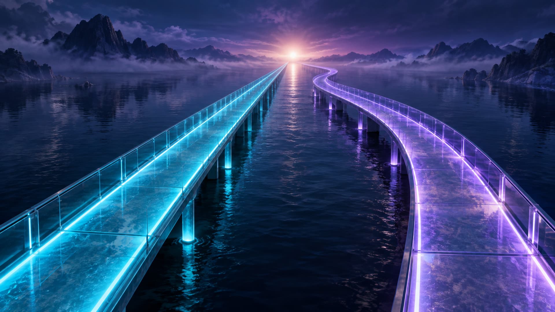 Two parallel glass walkways over dark water, one straight and lit in steady cyan, the other curving and lit in soft violet, both leading toward the same distant glow