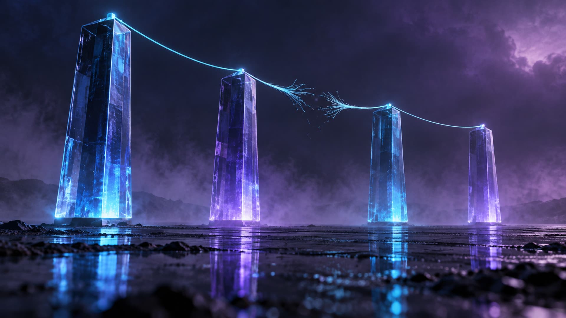 A row of four tall glass towers on a dark plain, each glowing a slightly different shade of blue and violet, with a single thin cyan thread stretched between their tops that is starting to fray in the middle