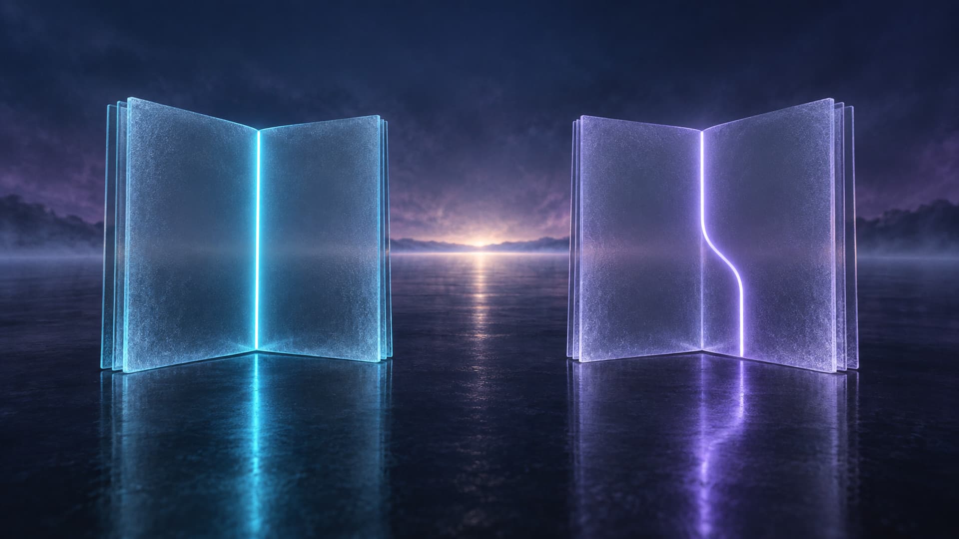 Two glass ledgers standing open on a dark reflective surface, one lit in steady cyan with a straight ruled line running down its page, the other lit in violet with a line that bends partway down, both facing the same distant horizon glow