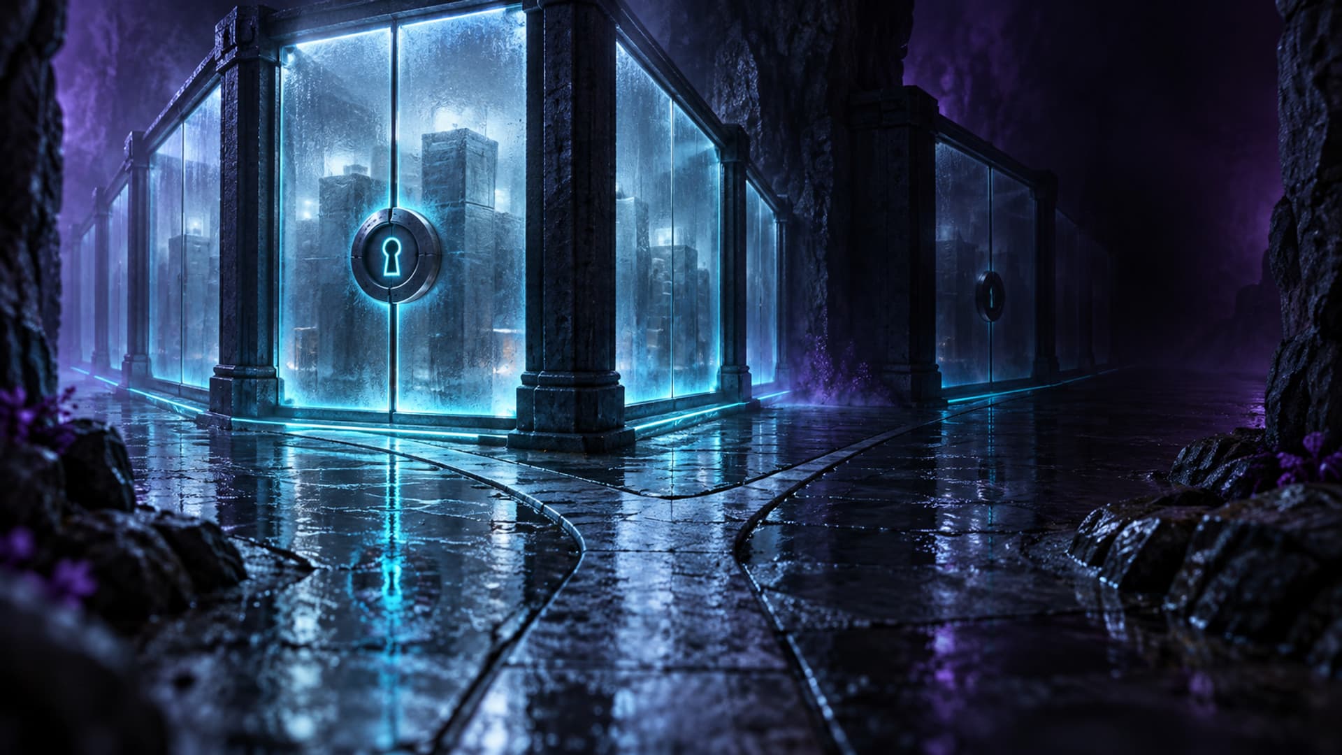 A glowing cyan-edged glass vault with a keyhole seal sits in a dark cavern, holding a dense miniature city of server-like blocks behind the glass